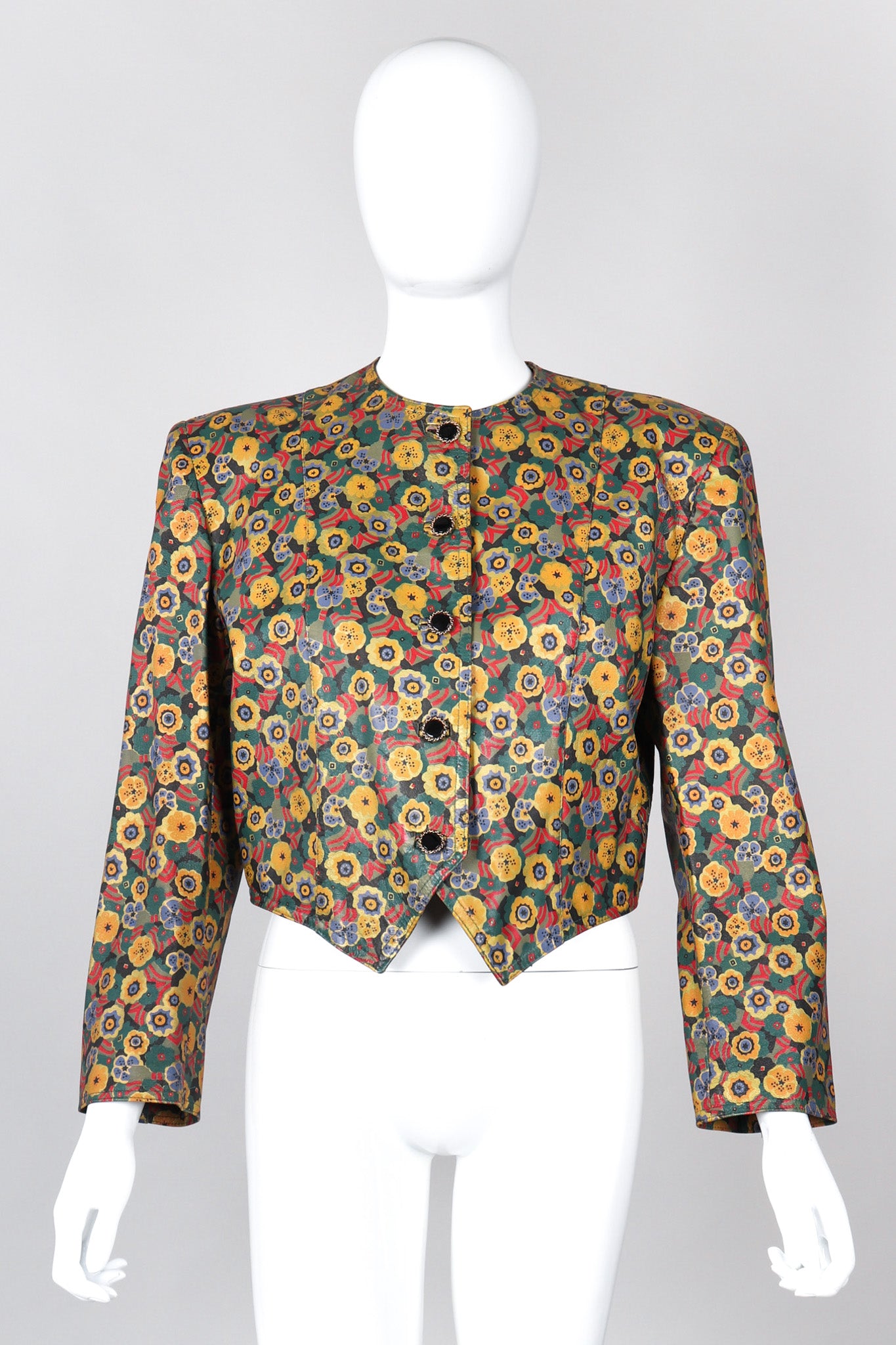 Recess Los Angeles Vintage Carlos Falchi Floral Leather Painted Jacket Collarless Button Down