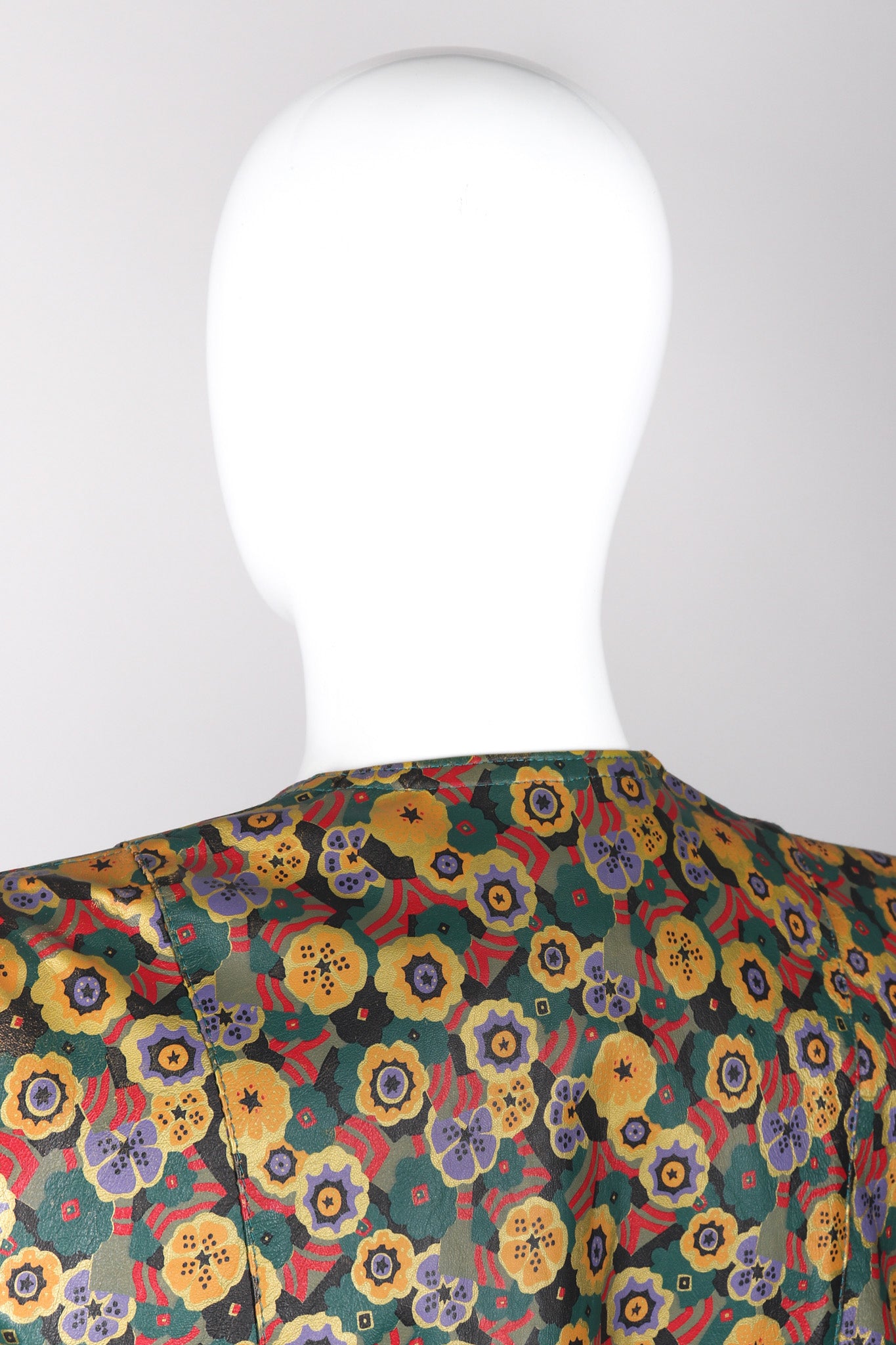 Recess Los Angeles Vintage Carlos Falchi Floral Leather Painted Jacket Collarless Button Down