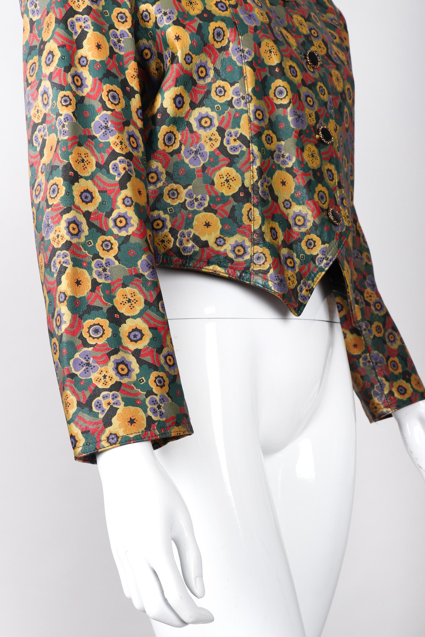 Recess Los Angeles Vintage Carlos Falchi Floral Leather Painted Jacket Collarless Button Down