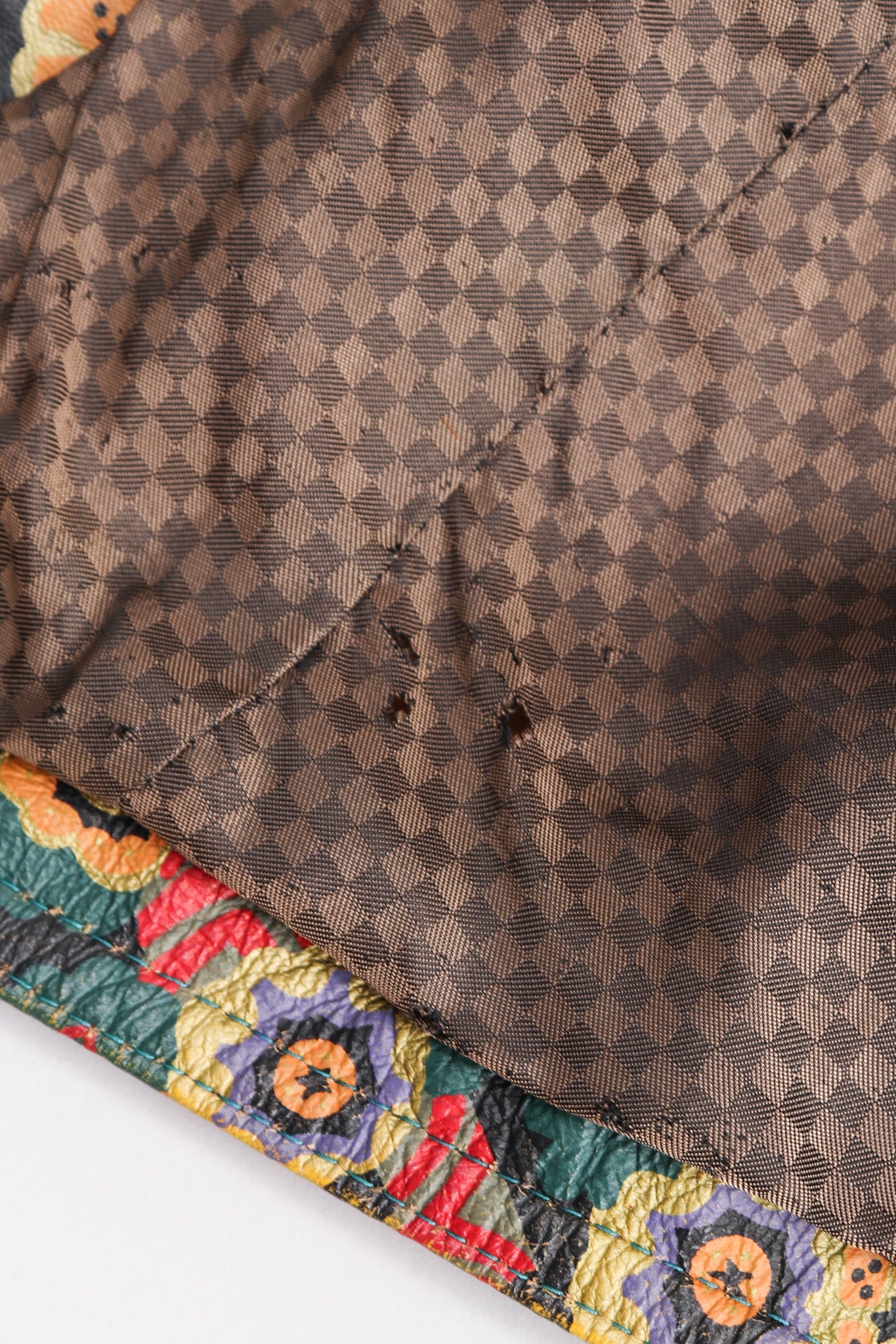 Recess Los Angeles Vintage Carlos Falchi Floral Leather Painted Jacket Collarless Button Down