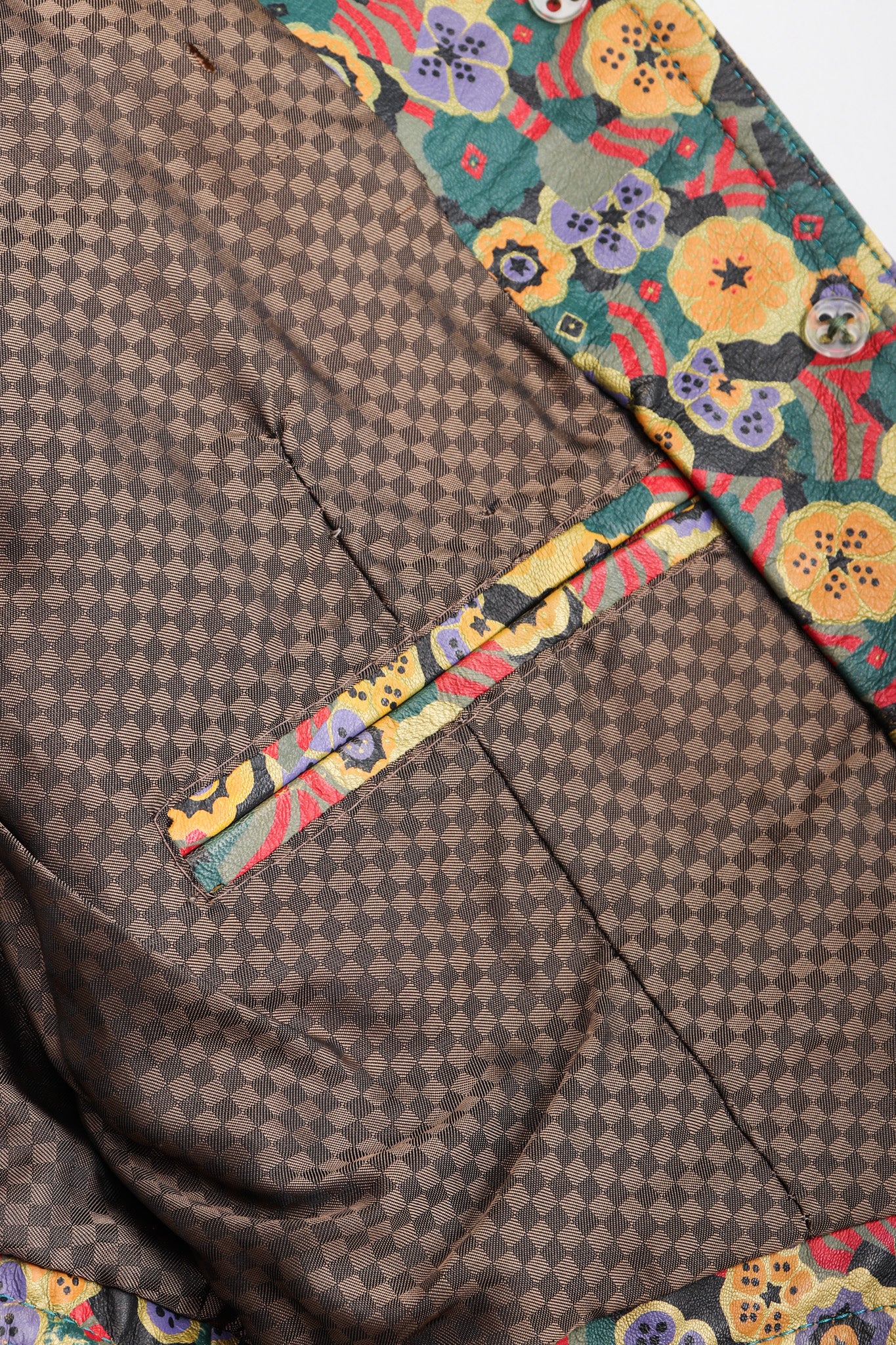 Recess Los Angeles Vintage Carlos Falchi Floral Leather Painted Jacket Collarless Button Down
