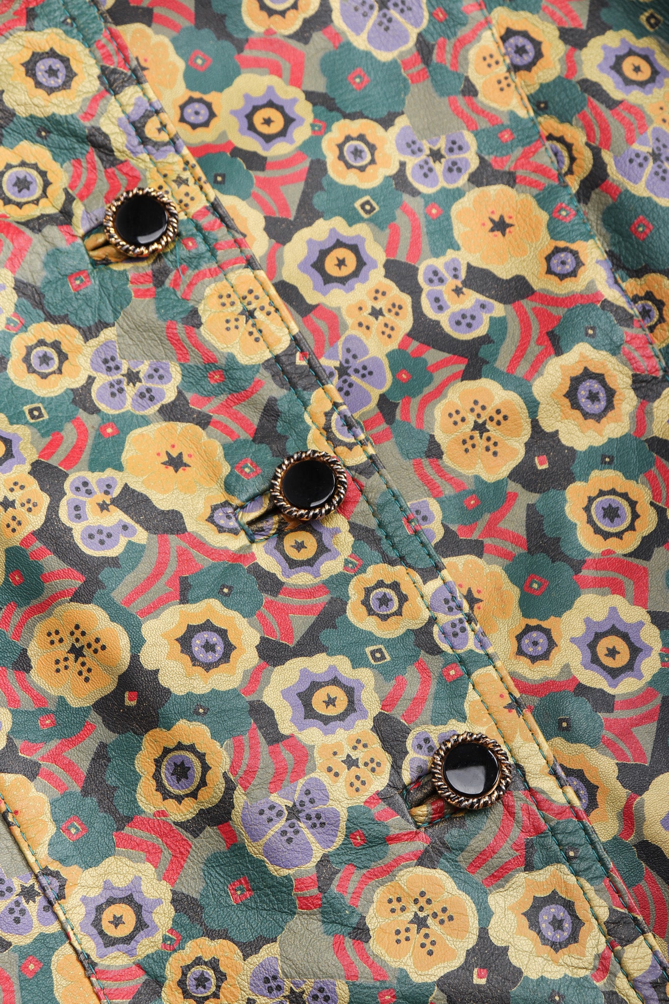 Recess Los Angeles Vintage Carlos Falchi Floral Leather Painted Jacket Collarless Button Down