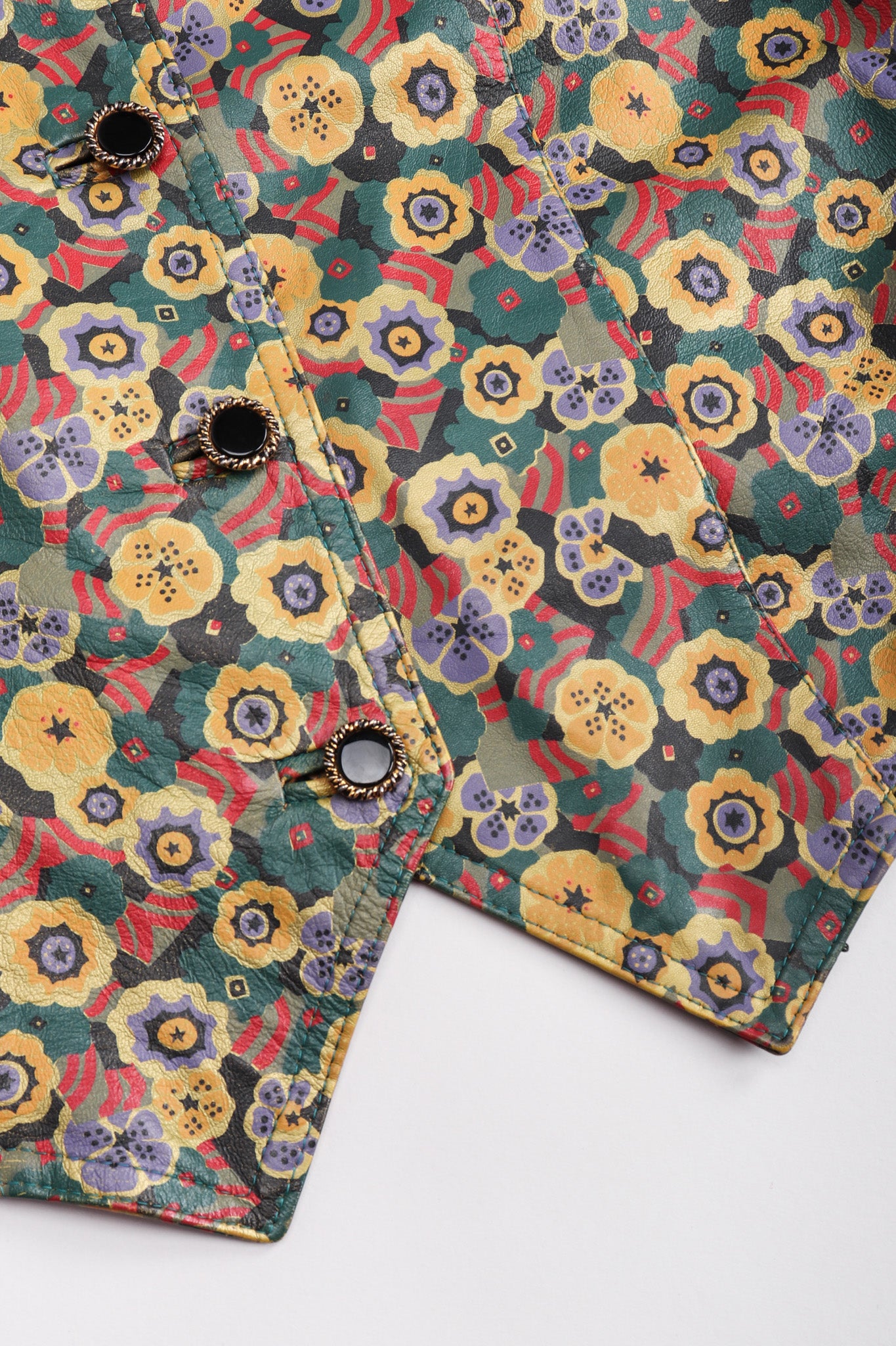 Recess Los Angeles Vintage Carlos Falchi Floral Leather Painted Jacket Collarless Button Down