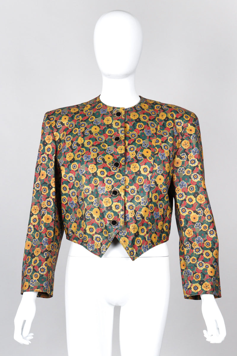 Recess Los Angeles Vintage Carlos Falchi Floral Leather Painted Jacket Collarless Button Down