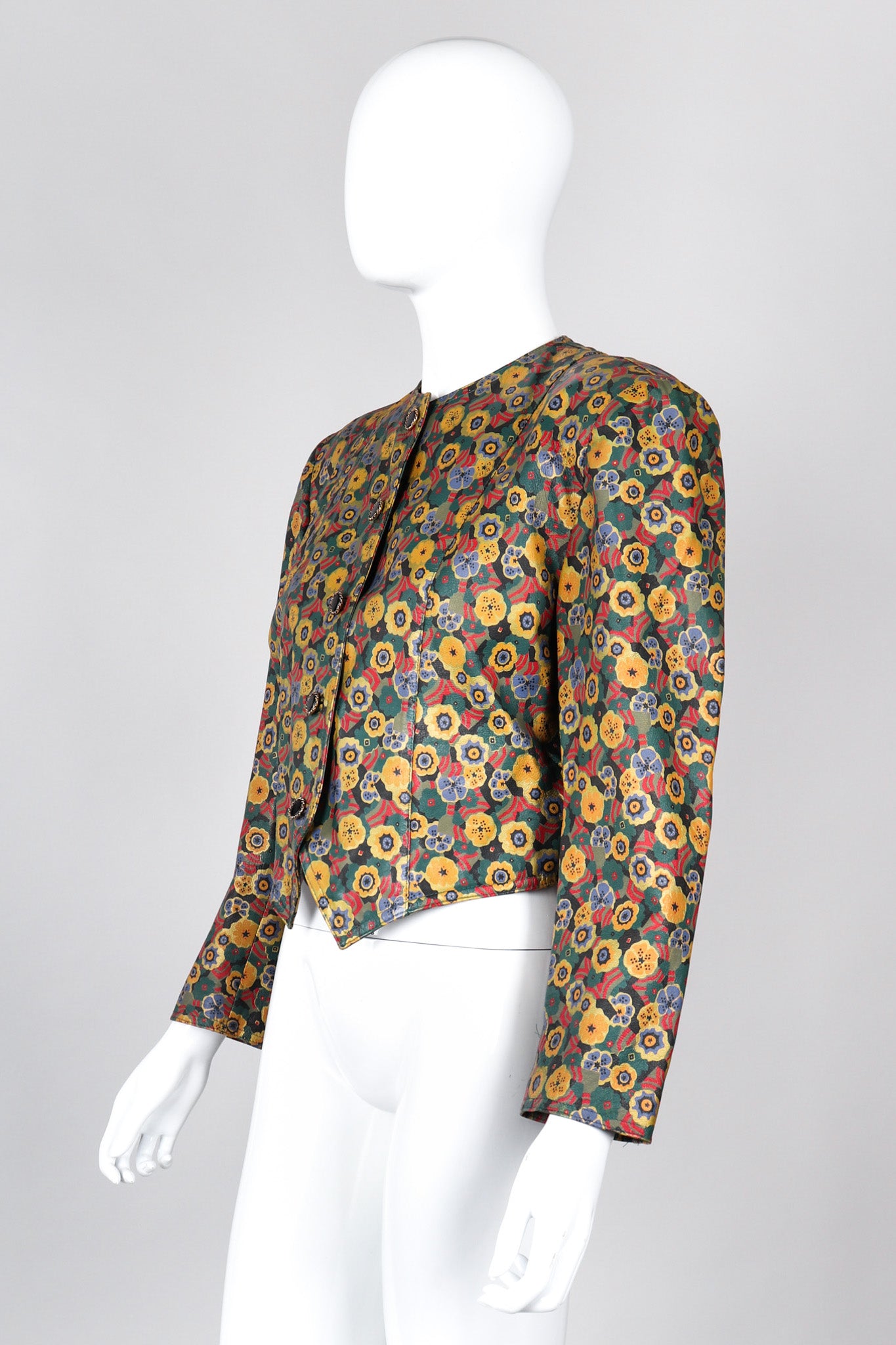 Recess Los Angeles Vintage Carlos Falchi Floral Leather Painted Jacket Collarless Button Down