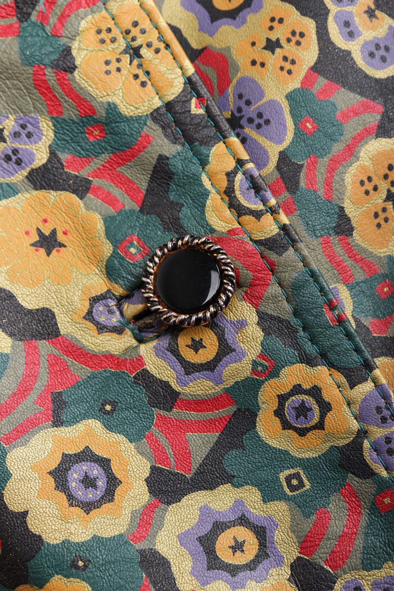 Recess Los Angeles Vintage Carlos Falchi Floral Leather Painted Jacket Collarless Button Down