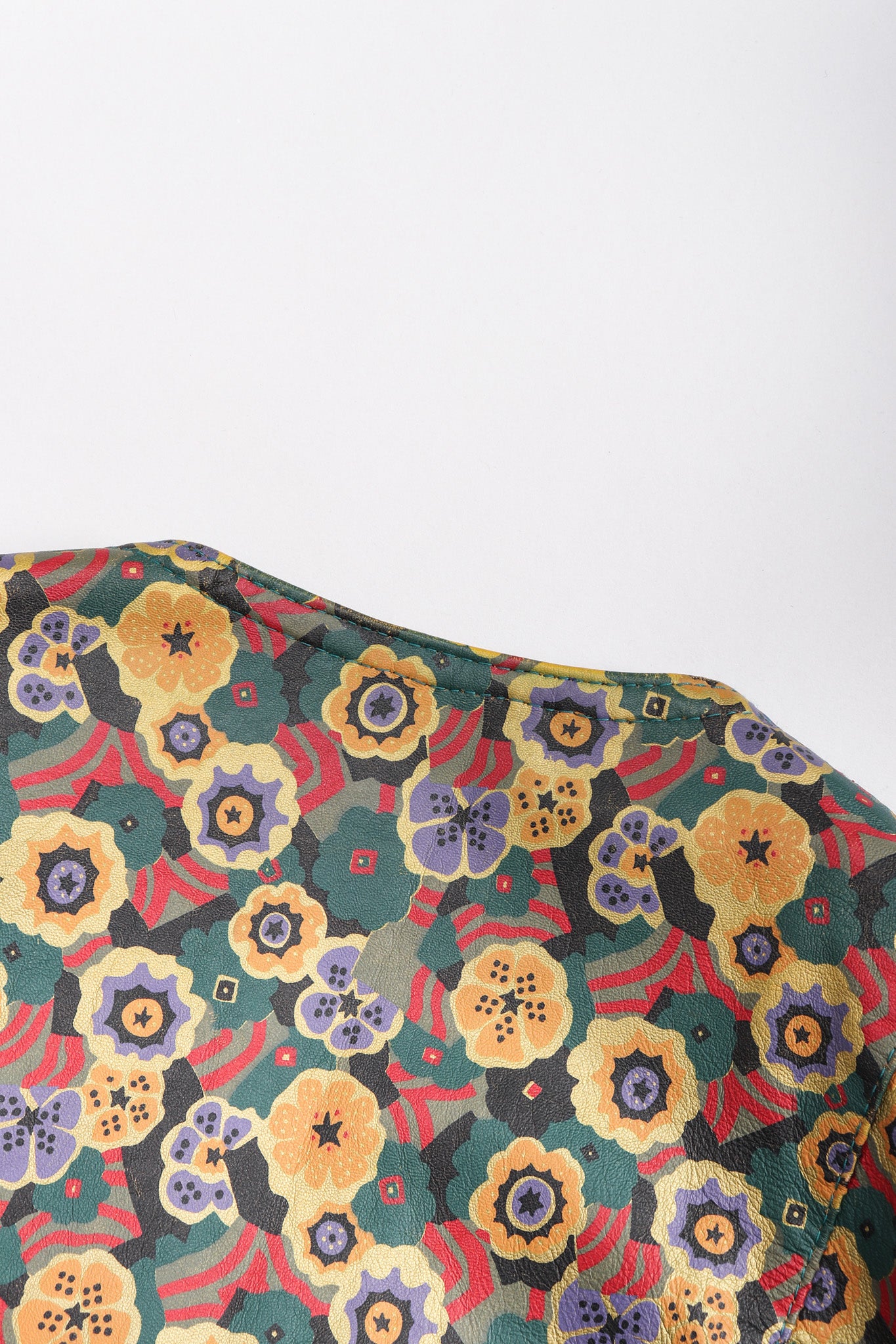 Recess Los Angeles Vintage Carlos Falchi Floral Leather Painted Jacket Collarless Button Down