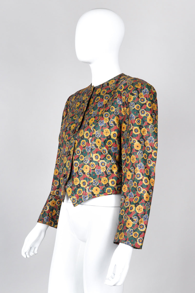 Recess Los Angeles Vintage Carlos Falchi Floral Leather Painted Jacket Collarless Button Down