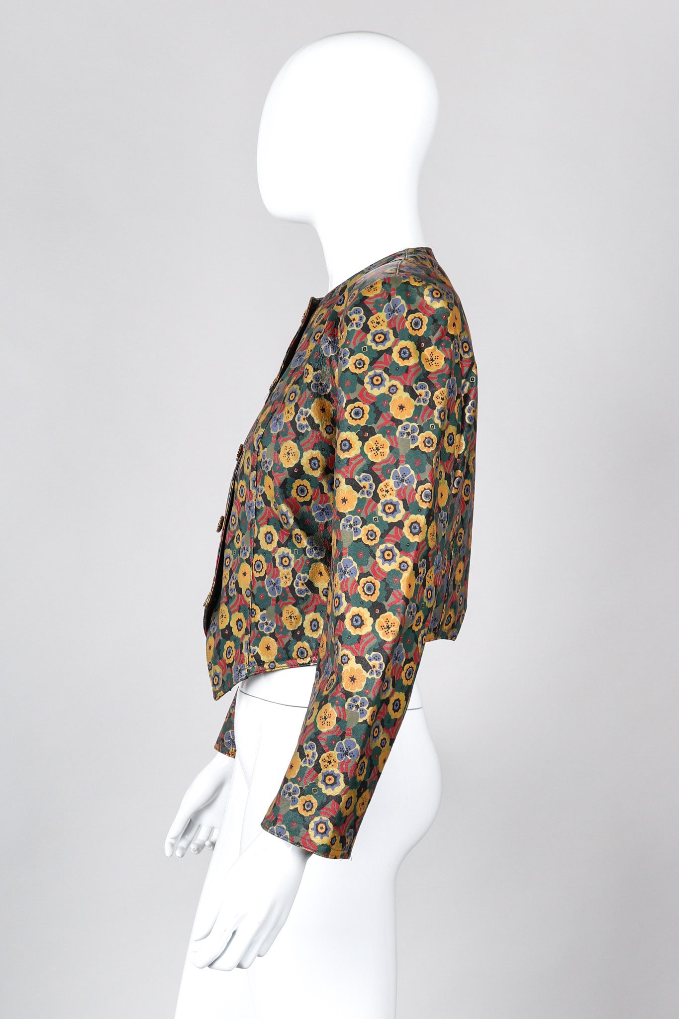 Recess Los Angeles Vintage Carlos Falchi Floral Leather Painted Jacket Collarless Button Down