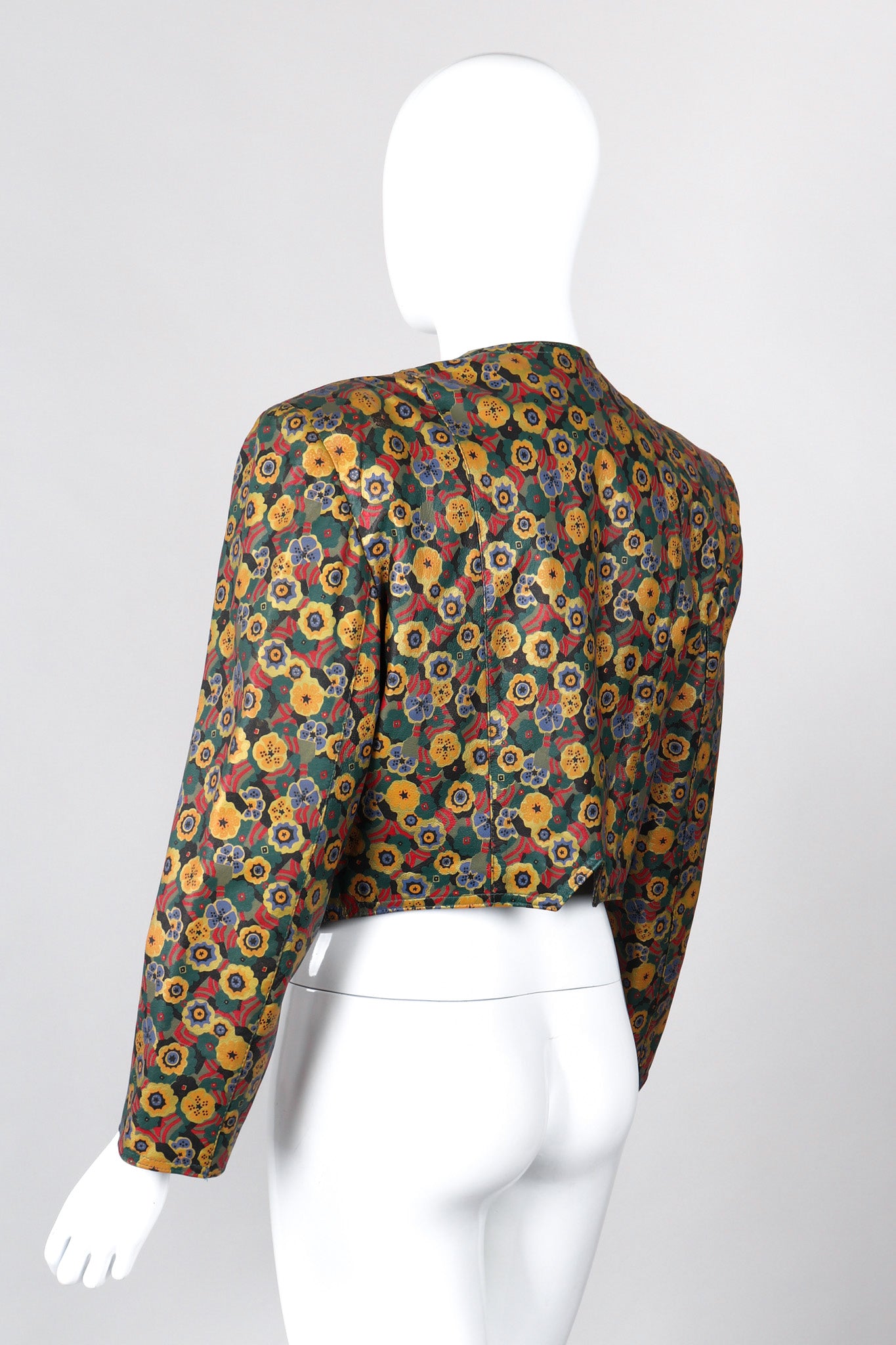 Recess Los Angeles Vintage Carlos Falchi Floral Leather Painted Jacket Collarless Button Down