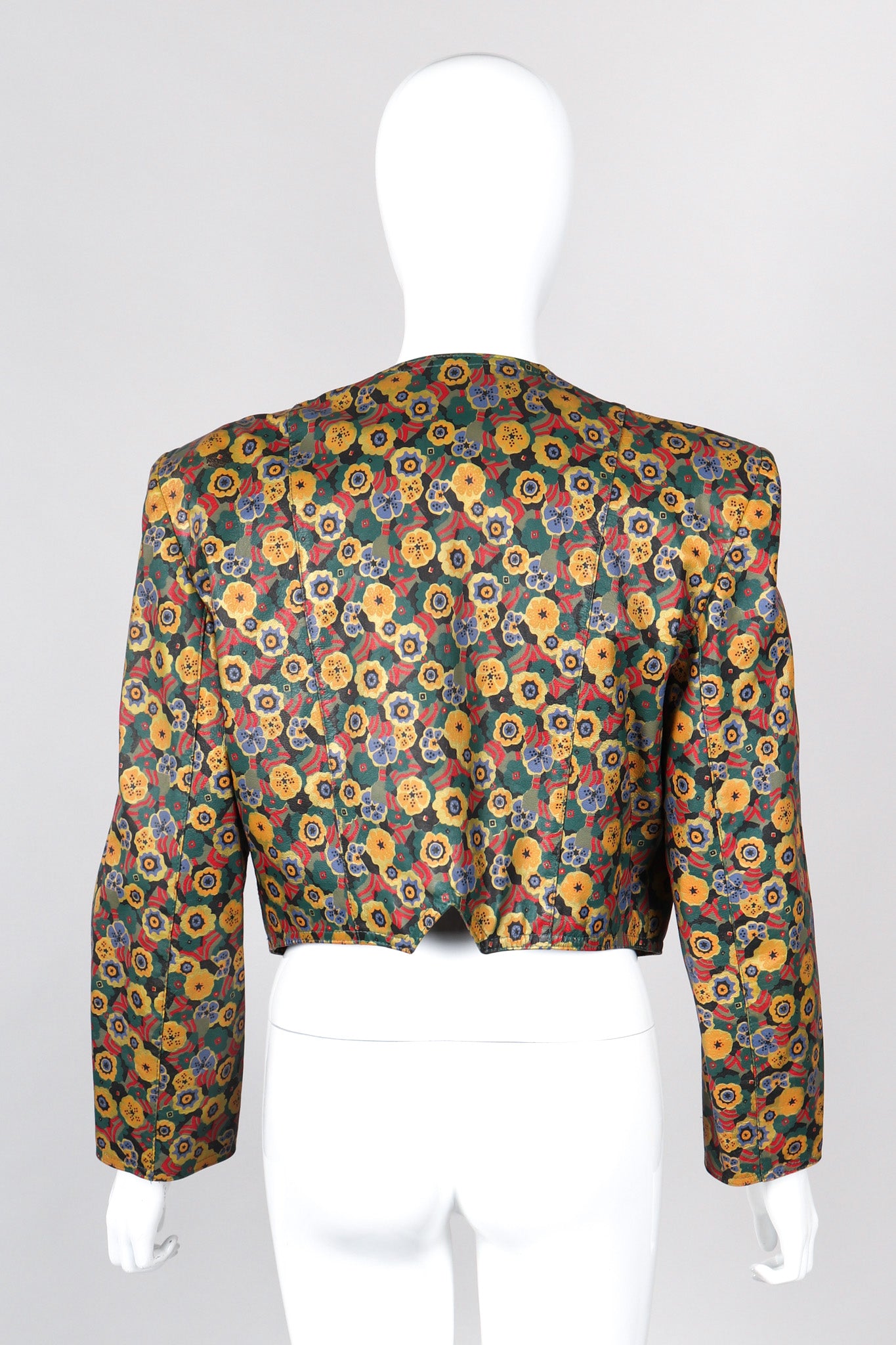 Recess Los Angeles Vintage Carlos Falchi Floral Leather Painted Jacket Collarless Button Down