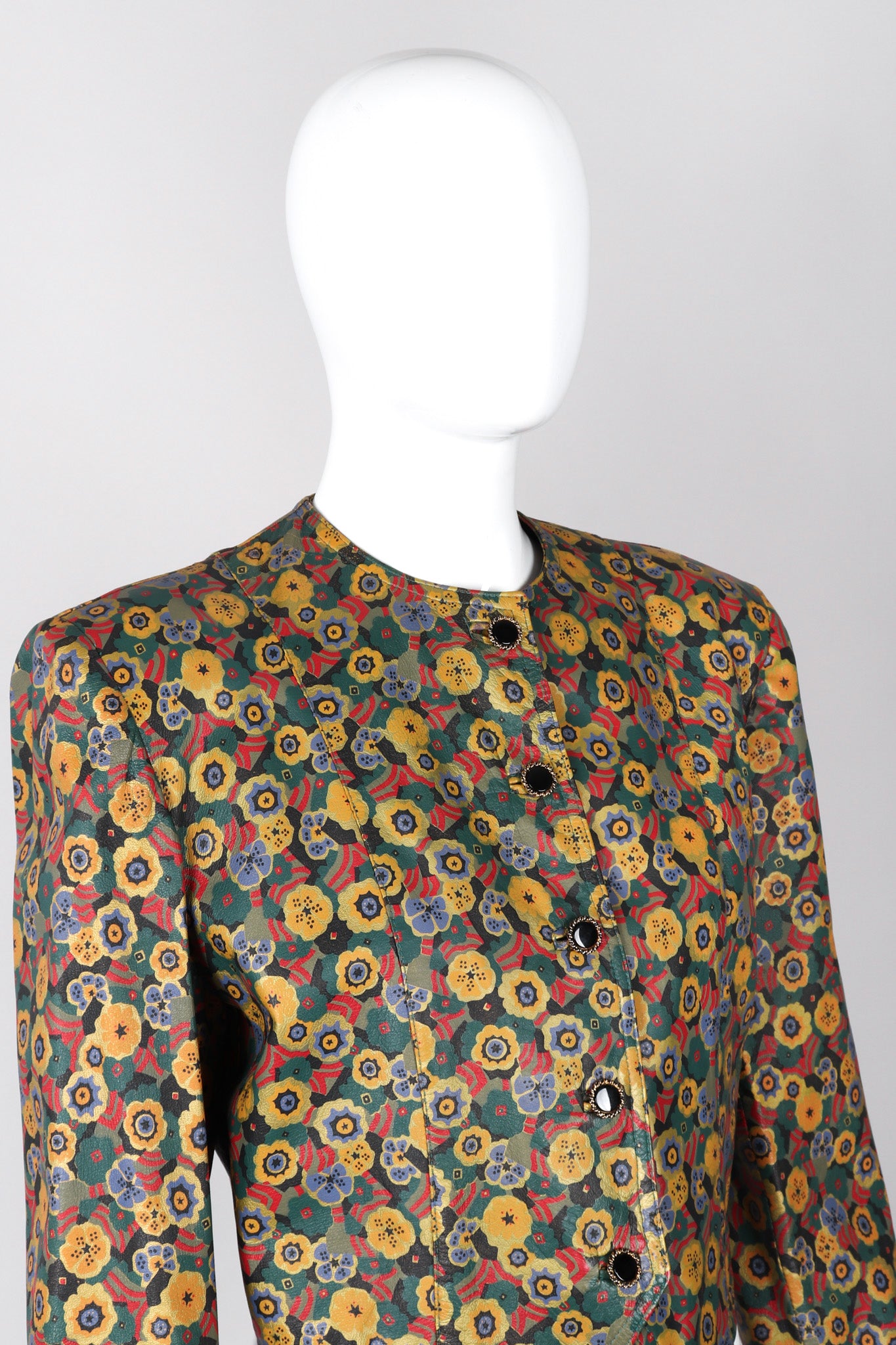 Recess Los Angeles Vintage Carlos Falchi Floral Leather Painted Jacket Collarless Button Down