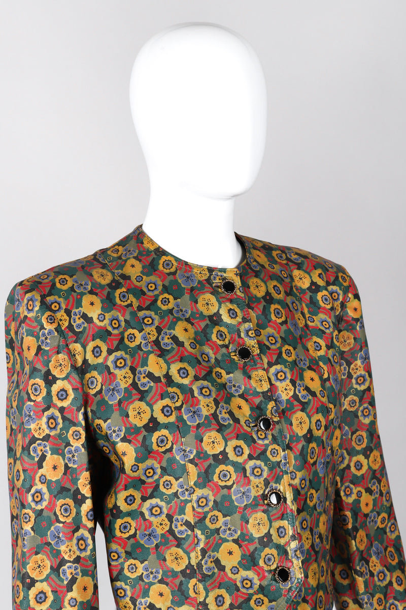 Recess Los Angeles Vintage Carlos Falchi Floral Leather Painted Jacket Collarless Button Down