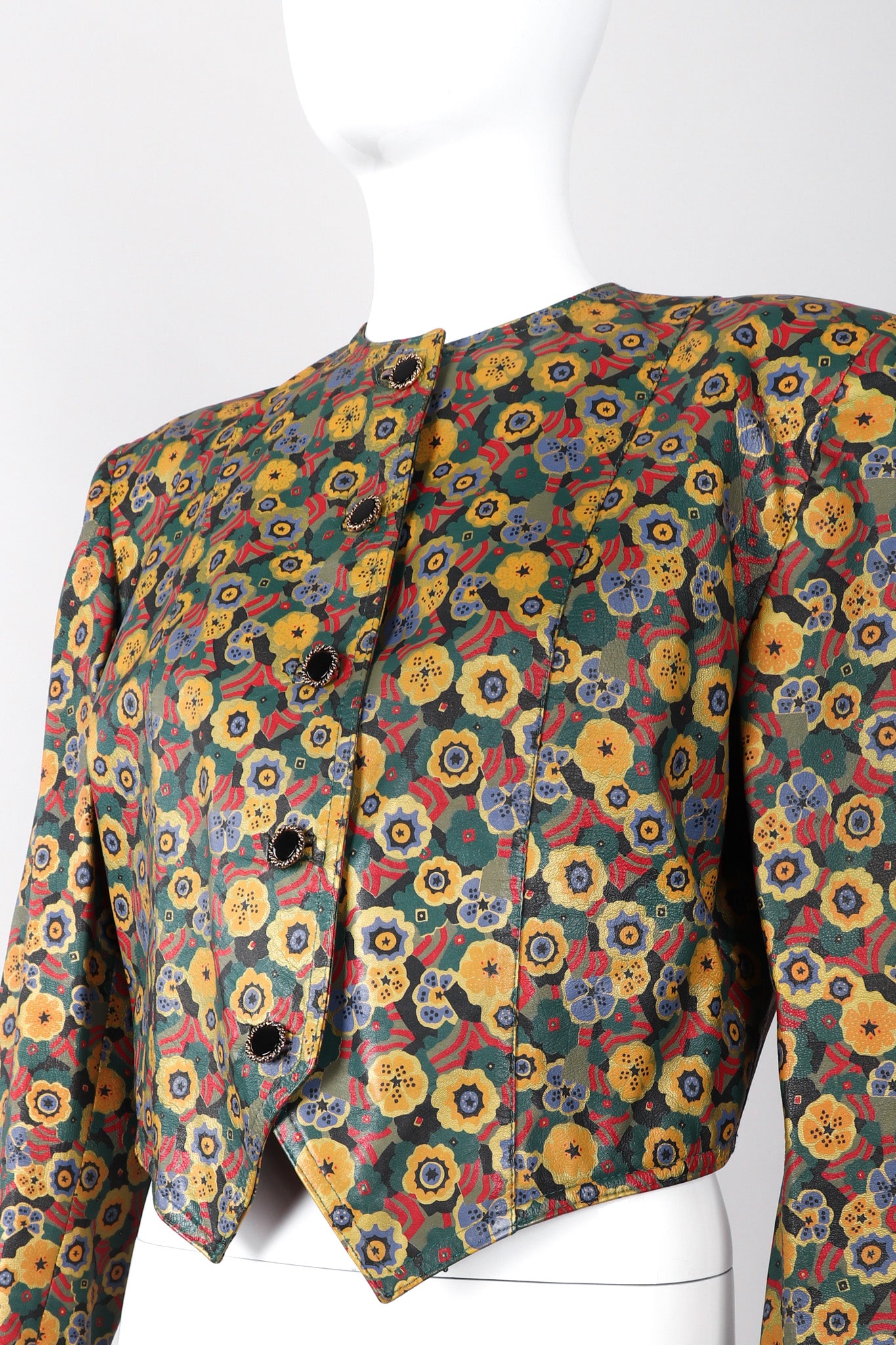 Recess Los Angeles Vintage Carlos Falchi Floral Leather Painted Jacket Collarless Button Down