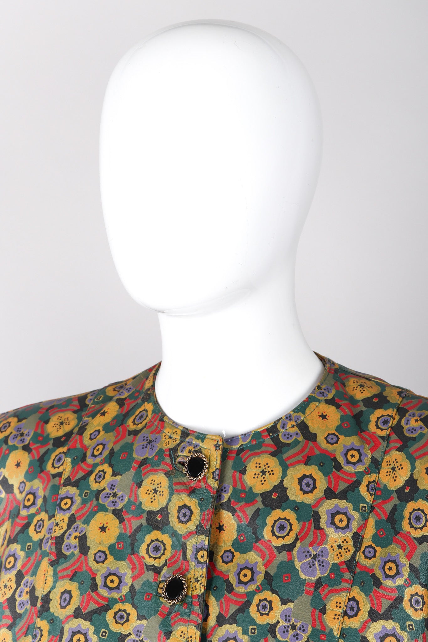 Recess Los Angeles Vintage Carlos Falchi Floral Leather Painted Jacket Collarless Button Down