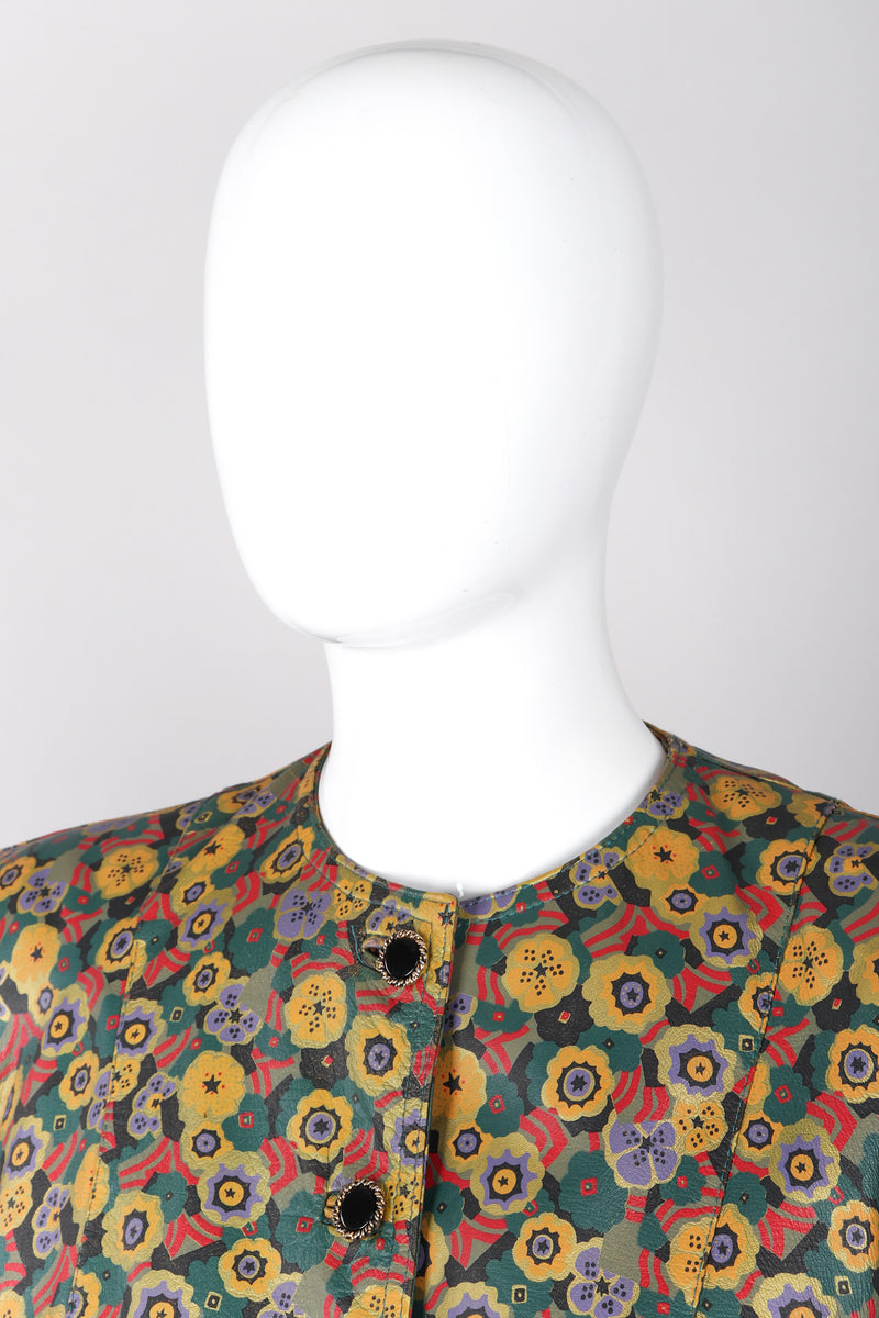 Recess Los Angeles Vintage Carlos Falchi Floral Leather Painted Jacket Collarless Button Down