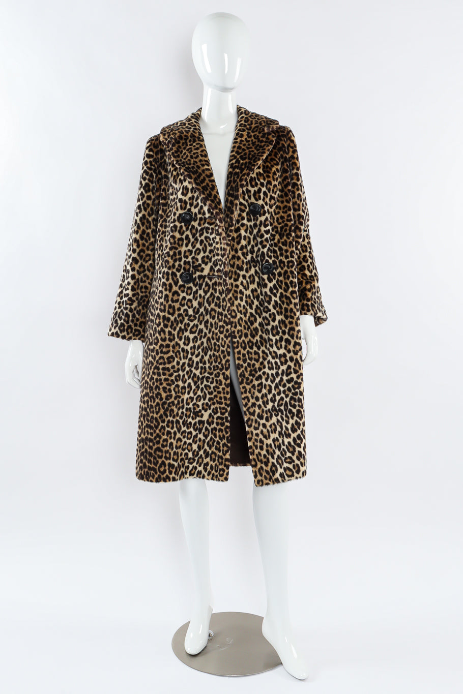 Vintage Carol Brent Double Breasted Leopard Faux Fur Coat mannequin front unbuttoned @ Recess LA