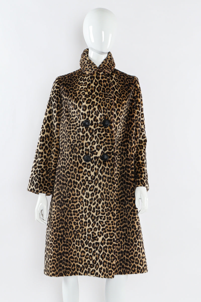 Vintage Carol Brent Double Breasted Leopard Faux Fur Coat mannequn front close @ Recess LA
