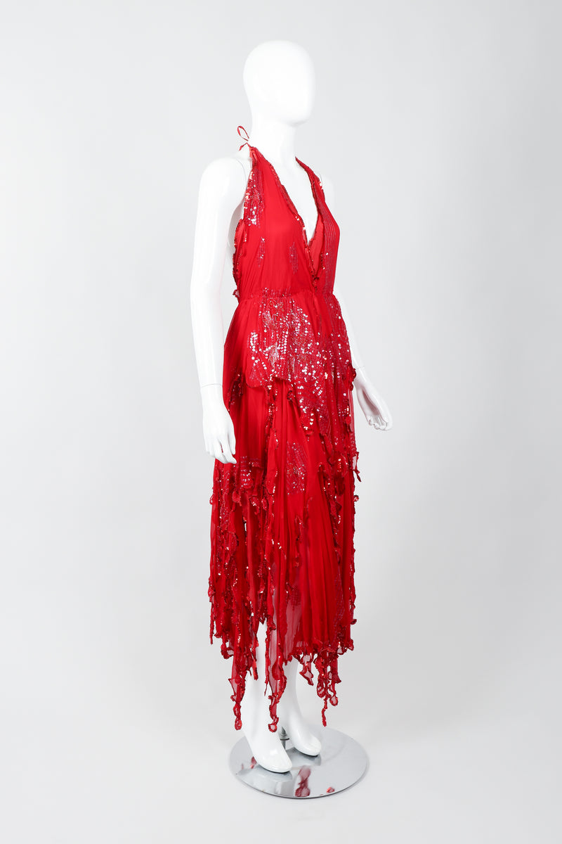Vintage Carole Lee Red Flutter Halter Dance Dress on Mannequin side at Recess Los Angeles