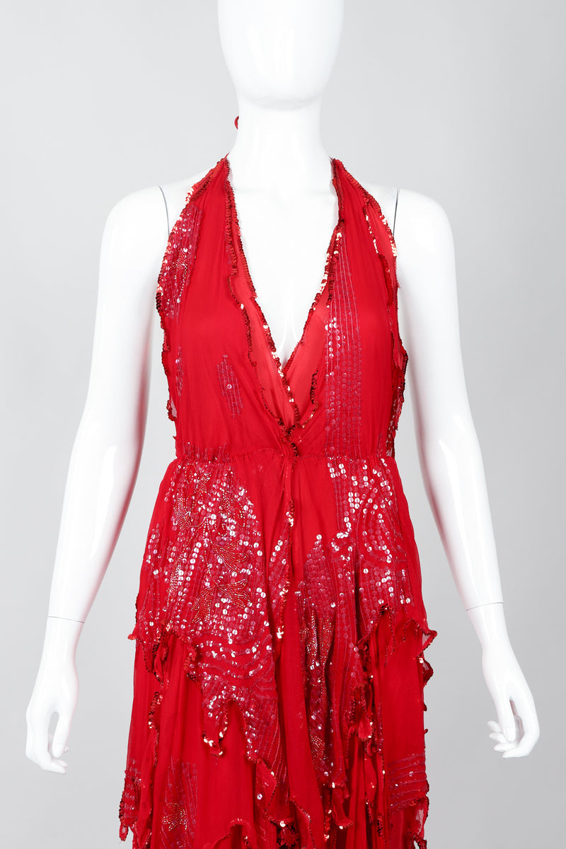 Vintage Carole Lee Red Flutter Halter Dance Dress on Mannequin bodice at Recess Los Angeles