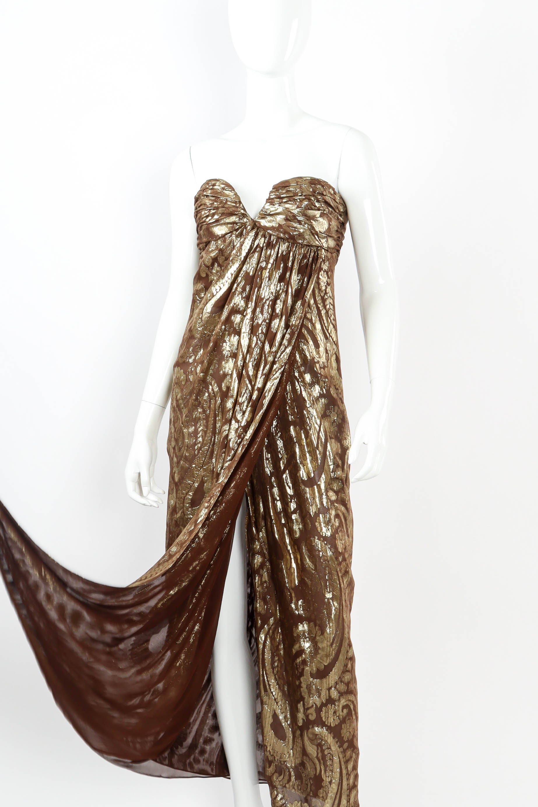 Vintage Carolyne Roehm Metallic Fleur Strapless Dress mannequin angle slit open @ Recess LA
