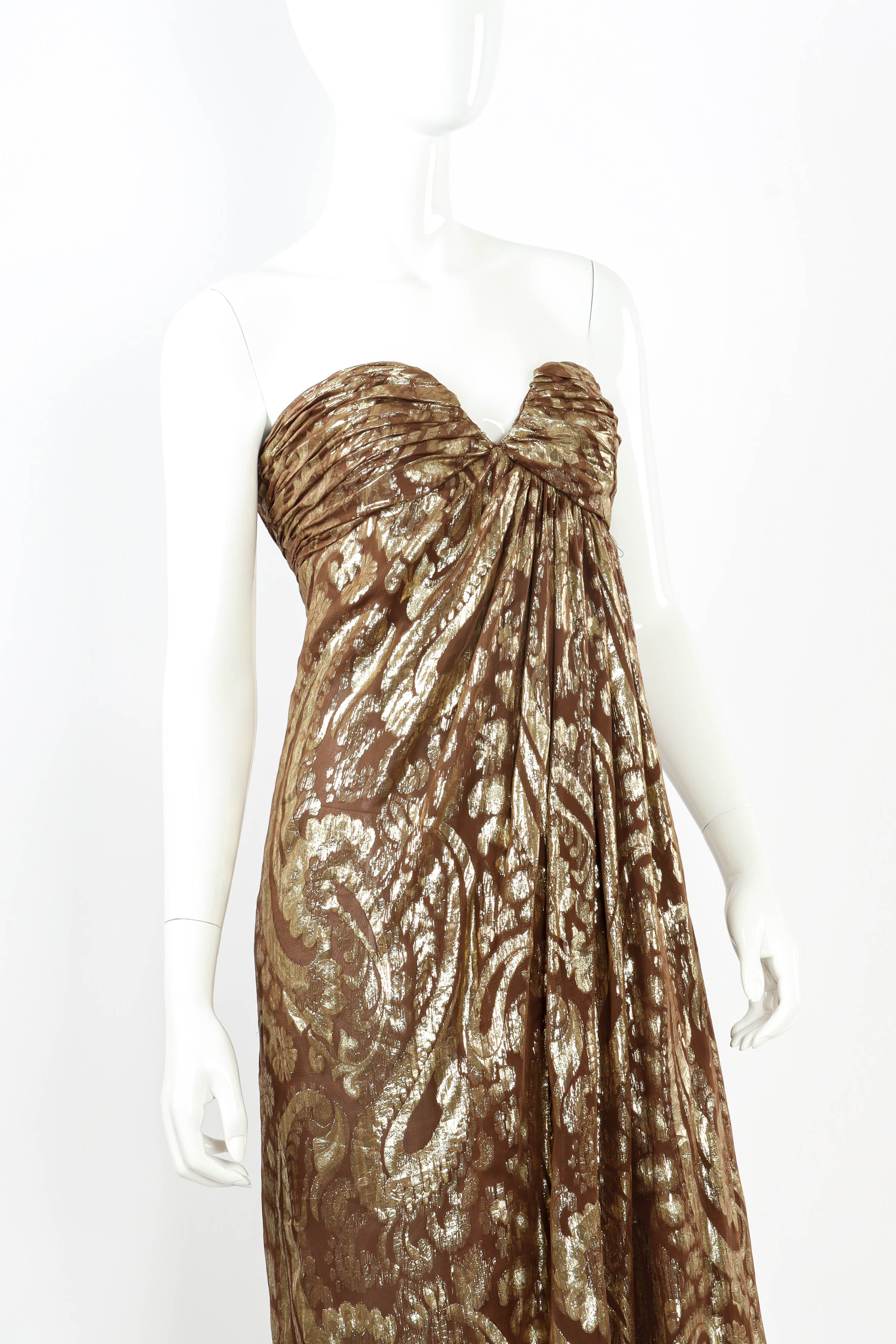 Vintage Carolyne Roehm Metallic Fleur Strapless Dress mannequin front close up @ Recess LA