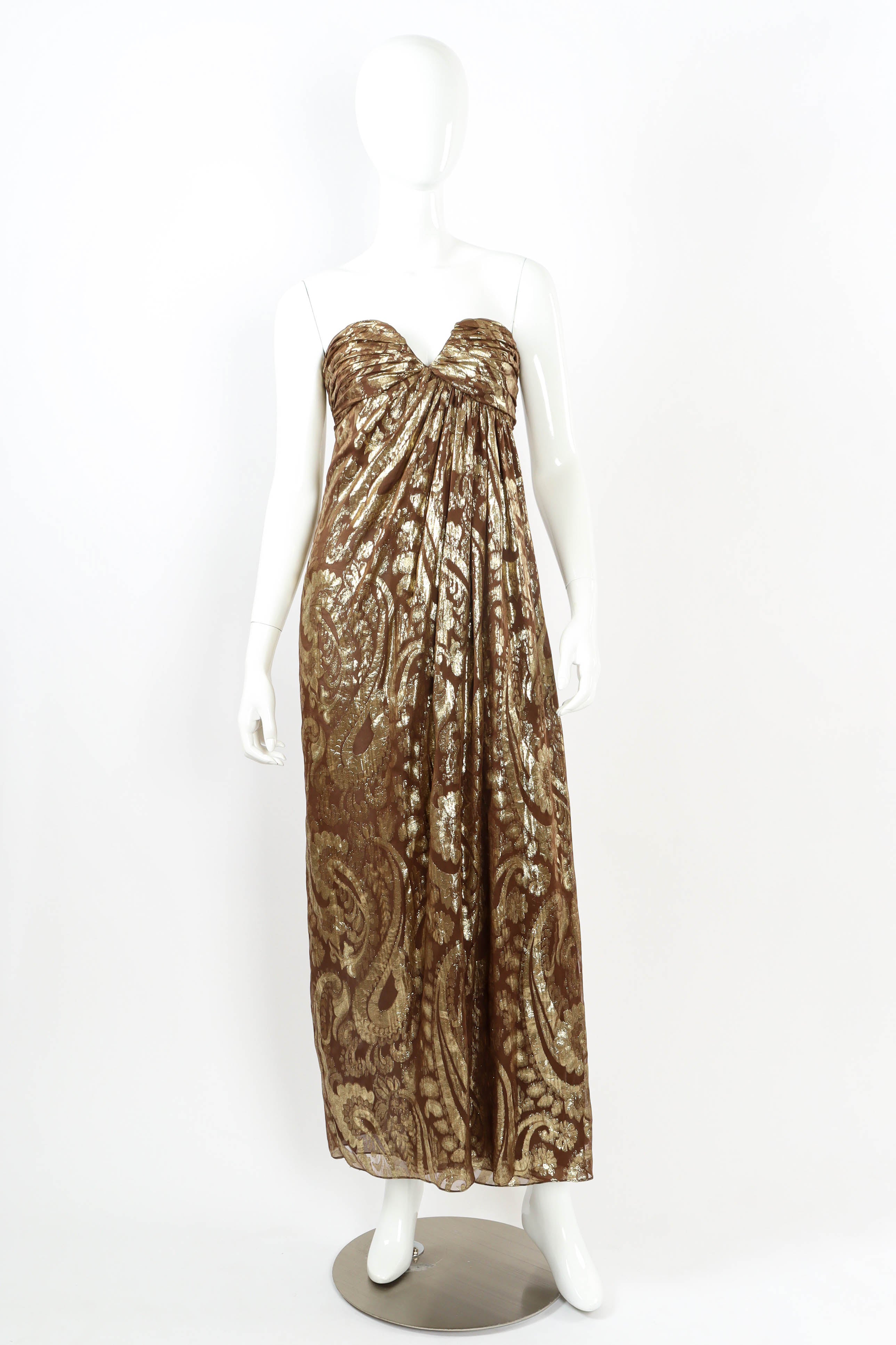 Vintage Carolyne Roehm Metallic Fleur Strapless Dress mannequin front @ Recess LA