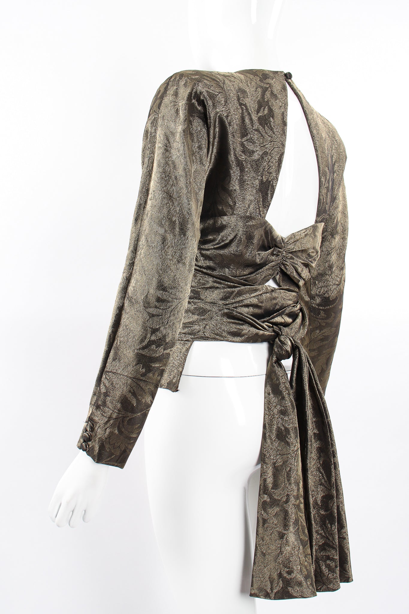 Vintage Carolyne Roehm Metallic Backless Waist Wrap Top on Mannequin back angle at Recess LA