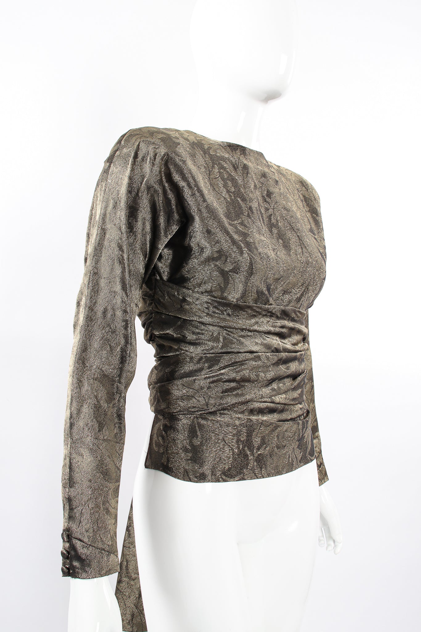 Vintage Carolyne Roehm Metallic Backless Waist Wrap Top on Mannequin angle at Recess Los Angeles