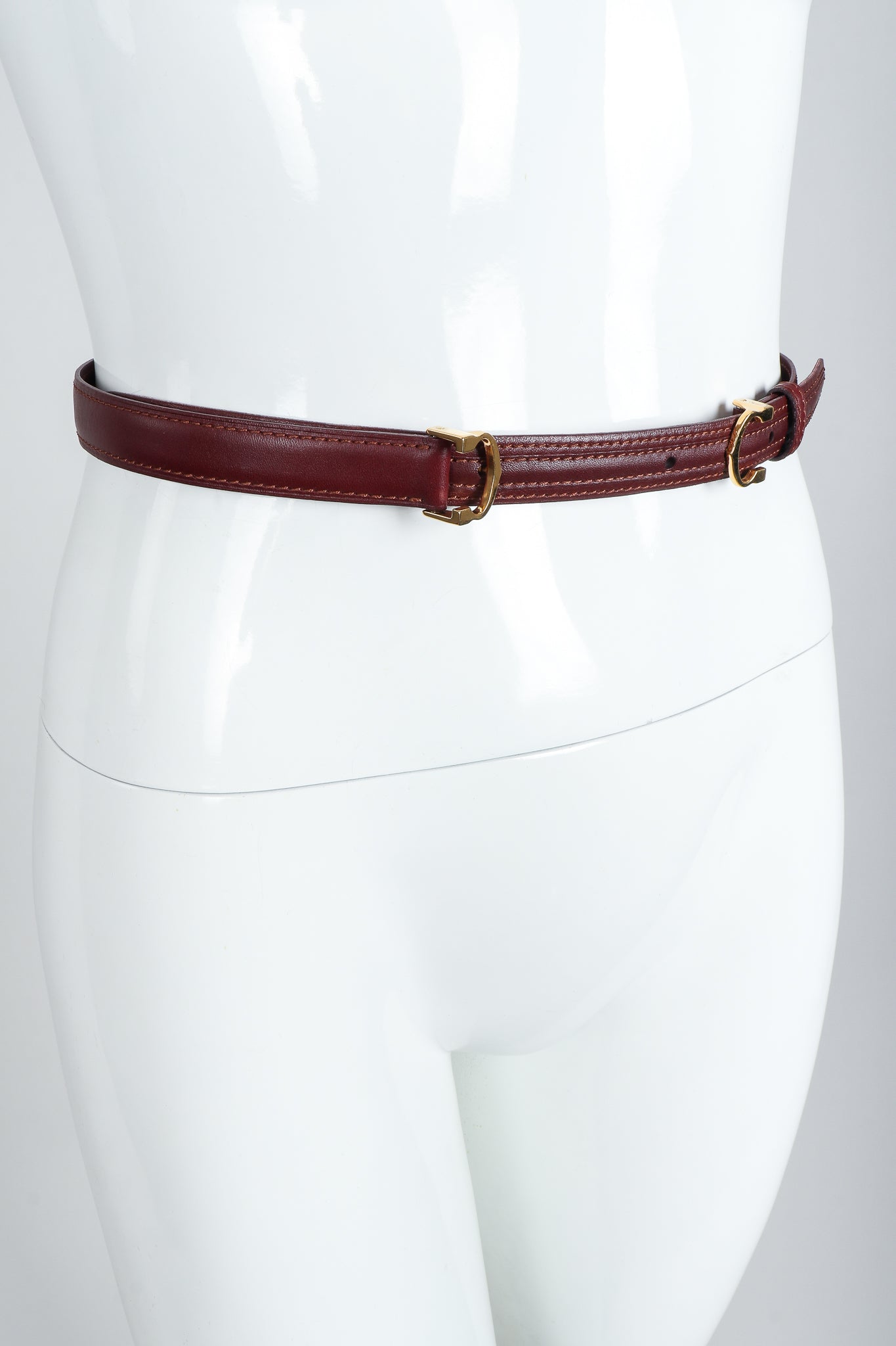 Vintage Cartier Oxblood Double CC Leather Belt On mannequin at Recess