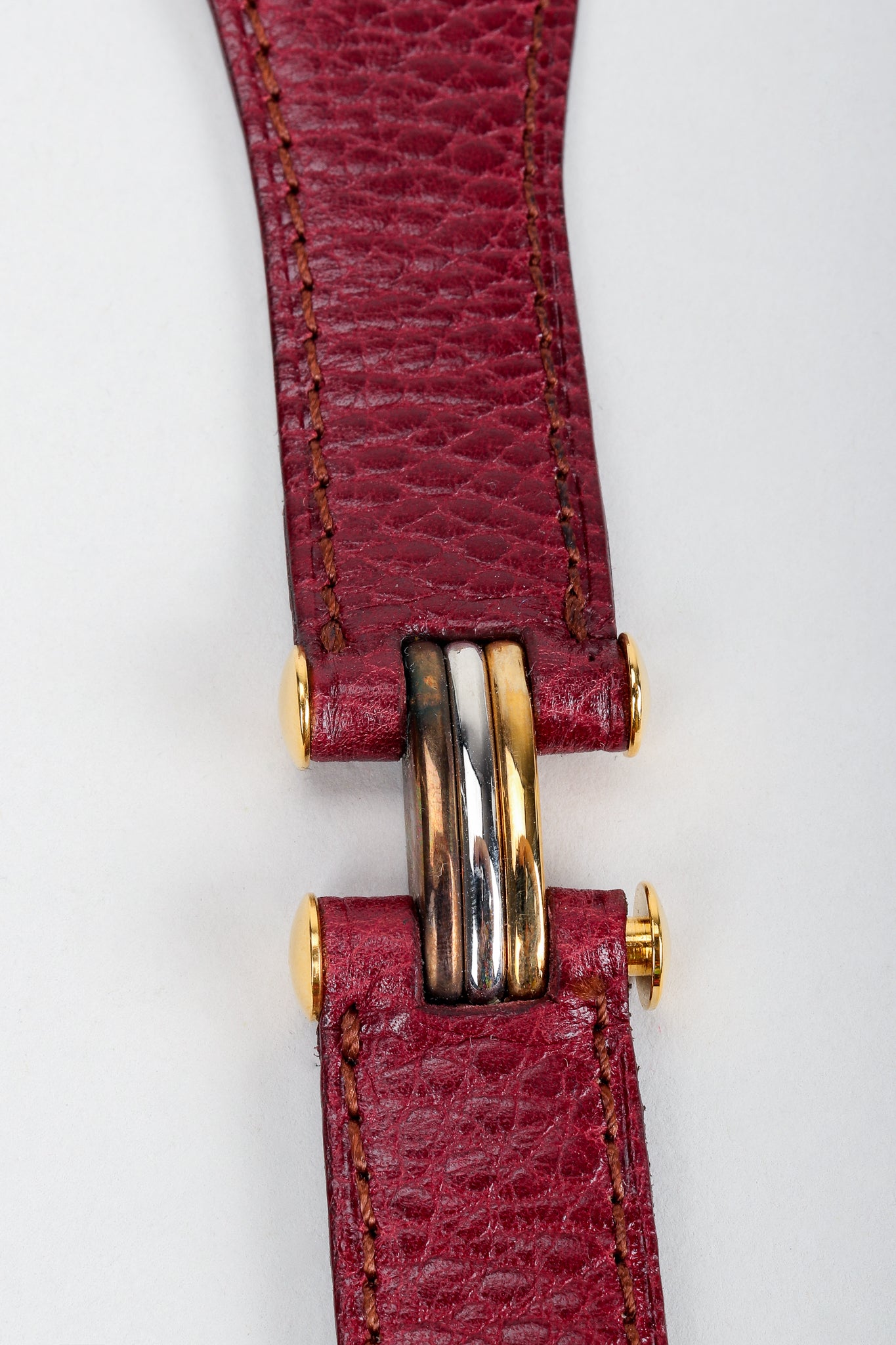Vintage Cartier Oxblood CC Logo Medallion Leather Belt Hinge Detail