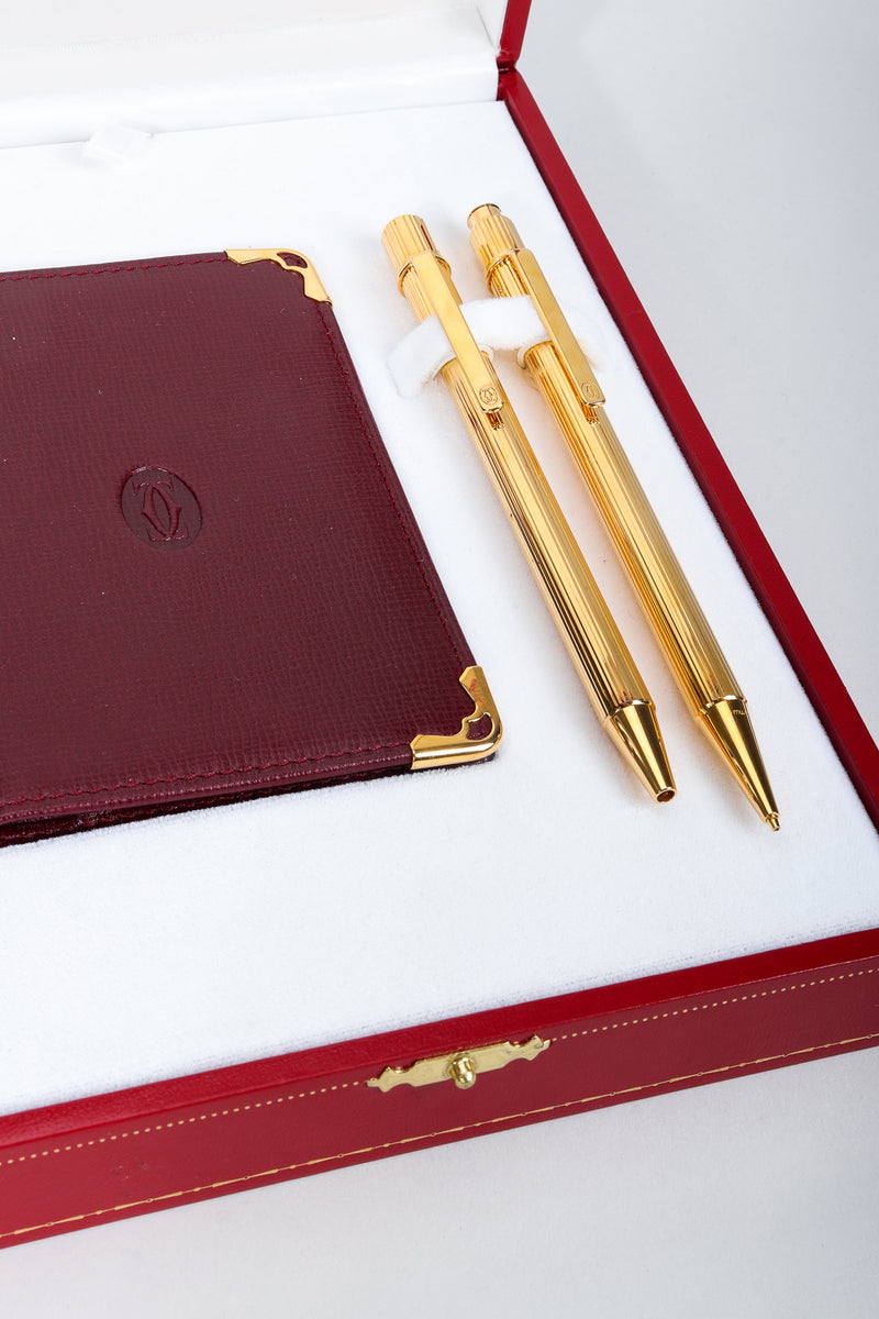 Vintage Must de Cartier Oxblood Leather Wallet & Gold Pen Boxed Gift Set