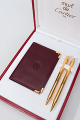 Vintage Must de Cartier Oxblood Leather Wallet & Gold Pen Boxed Gift Set