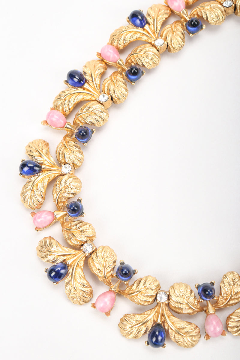 Recess Vintage Carven Gold Leaf Cabochon Collar Necklace, white Background
