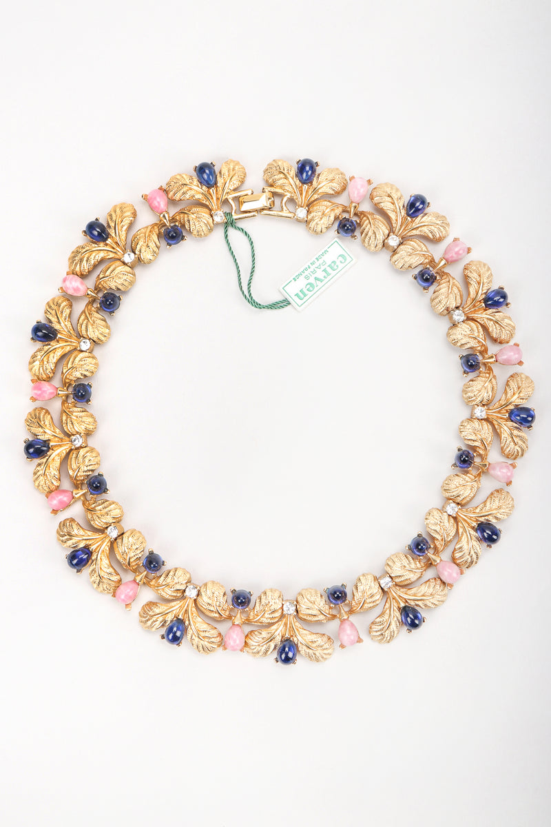 Recess Vintage Carven Gold Leaf Cabochon Collar Necklace, white Background