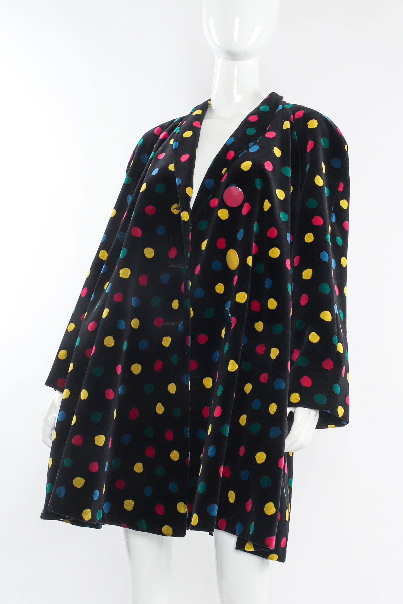 Vintage Cattiva Rainbow Polka Dot Velvet Coat mannequin side angle @ Recess LA