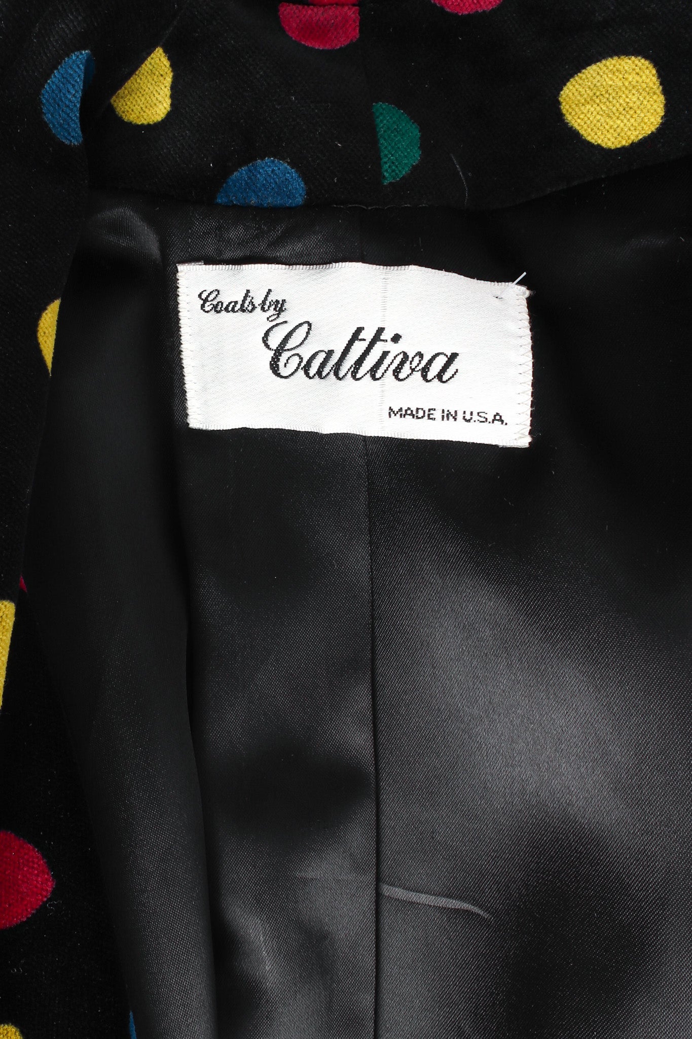 Vintage Cattiva Rainbow Polka Dot Velvet Coat tag @ Recess LA