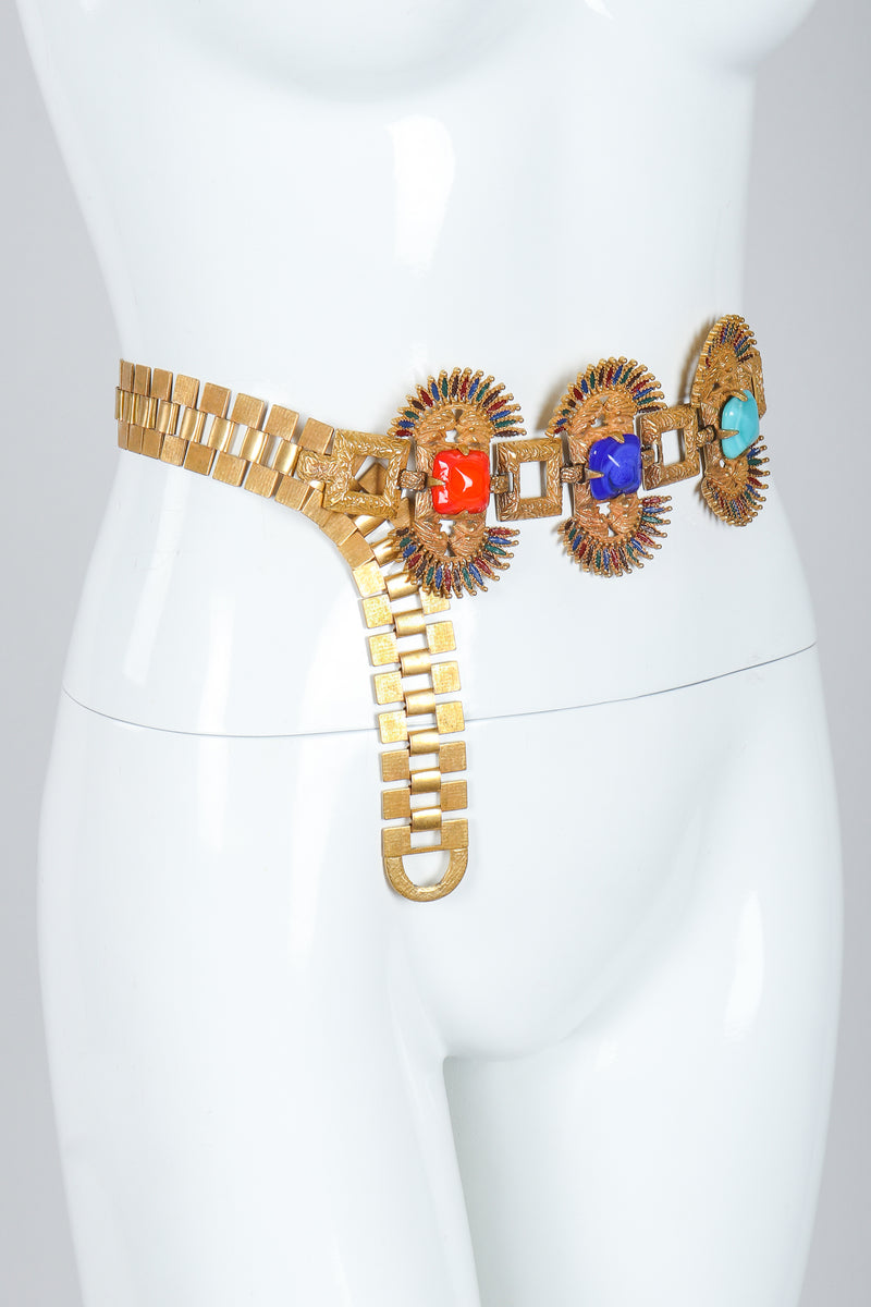 Recess Vintage Castlecliff Larry Vrba Mayan Revival Chain Belt on Mannequin at waist