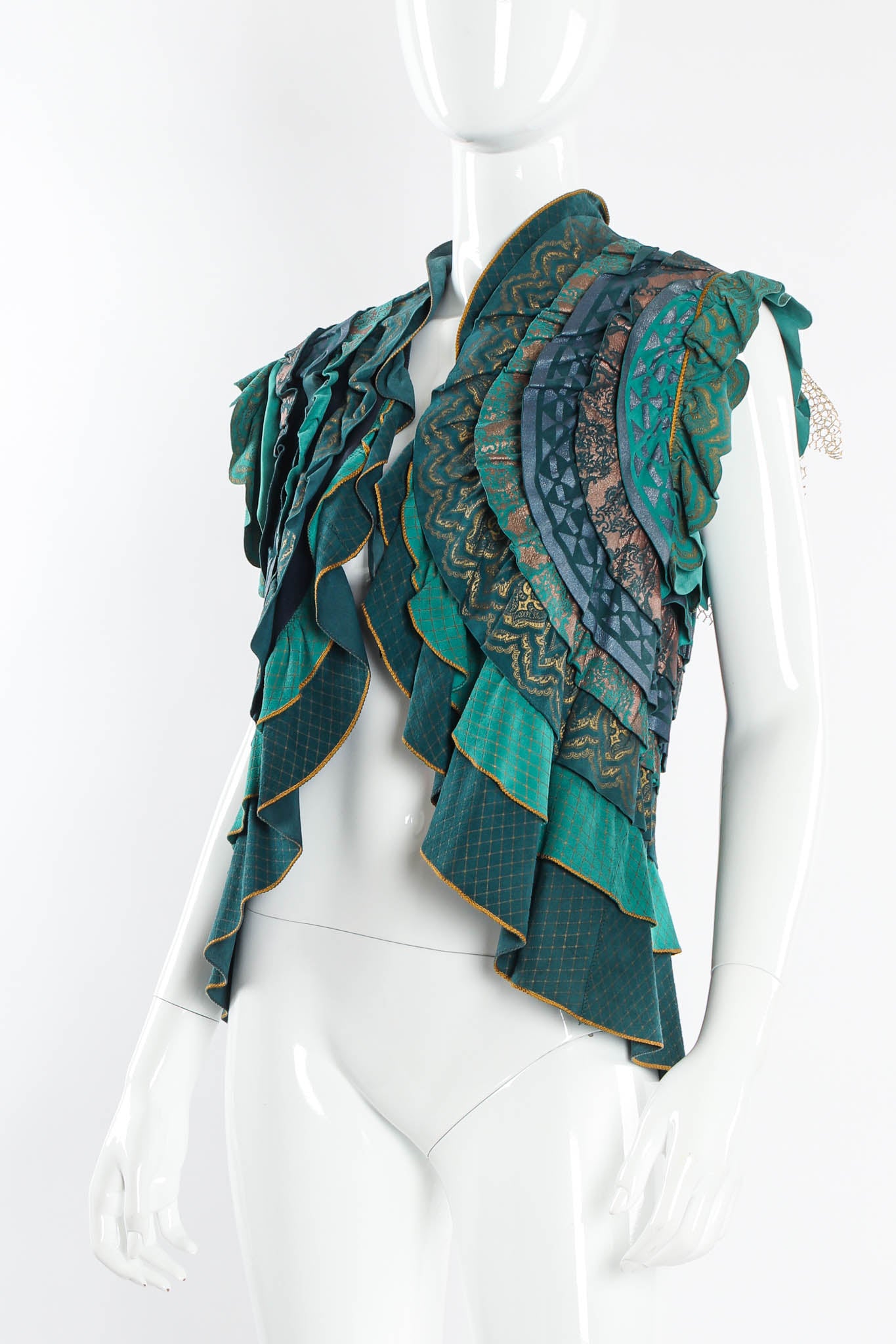 Vintage Roberto Cavalli Leather Butterfly Ruffle Vest mannequin angle close @ Recess Los Angeles