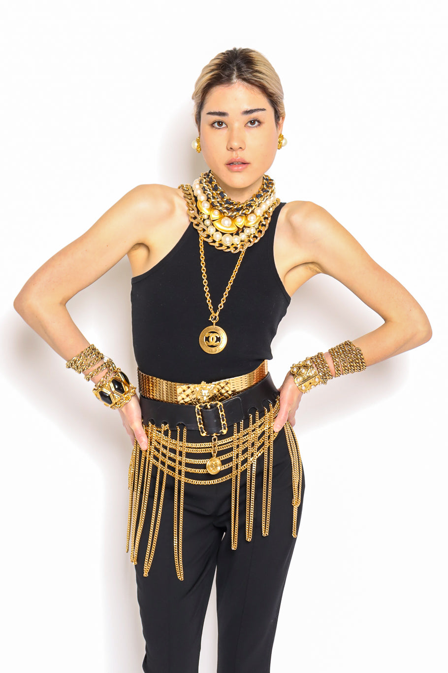 Model Danielle in Chanel A/W Leather Multi Chain Drape Belt @ Recess LA