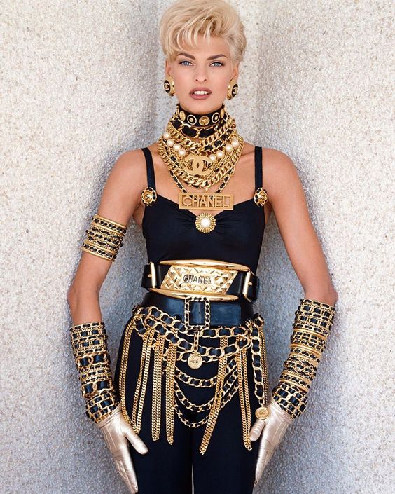 1991 Vintage Chanel Leather Multi Chain Drape Belt on model Linda Evangelista @ Recess Los Angeles