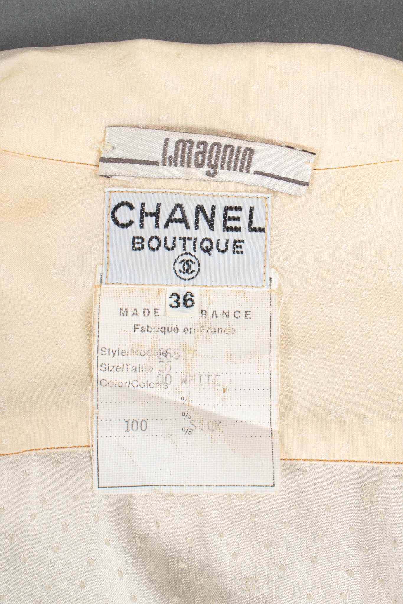 Vintage Chanel Jacquard Dot Logo Bow Blouse label at Recess Los Angeles