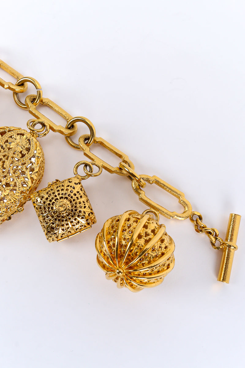 Vintage Chanel Filigree Fleur Locket Charm Bracelet toggle rod/filigree close @ Recess LA