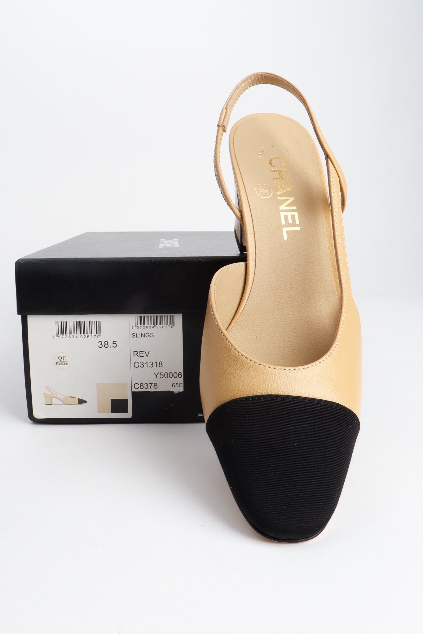 Chanel Cap Toe Slingback Goatskin Leather Grosgrain Heels with box at Recess Los Angeles