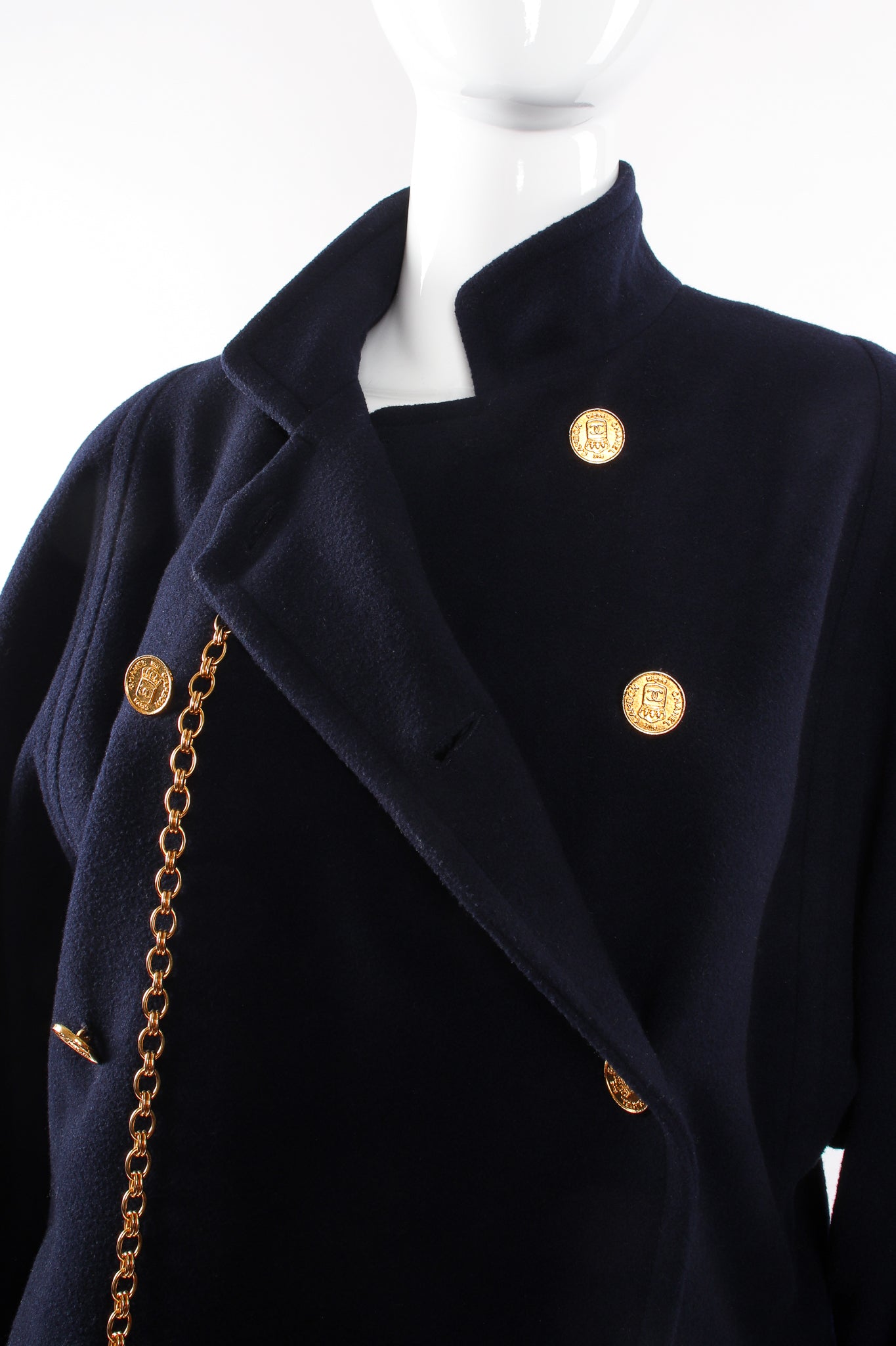 Vintage Chanel Chain Fob Cocoon Coat on mannequin collar at Recess Los Angeles