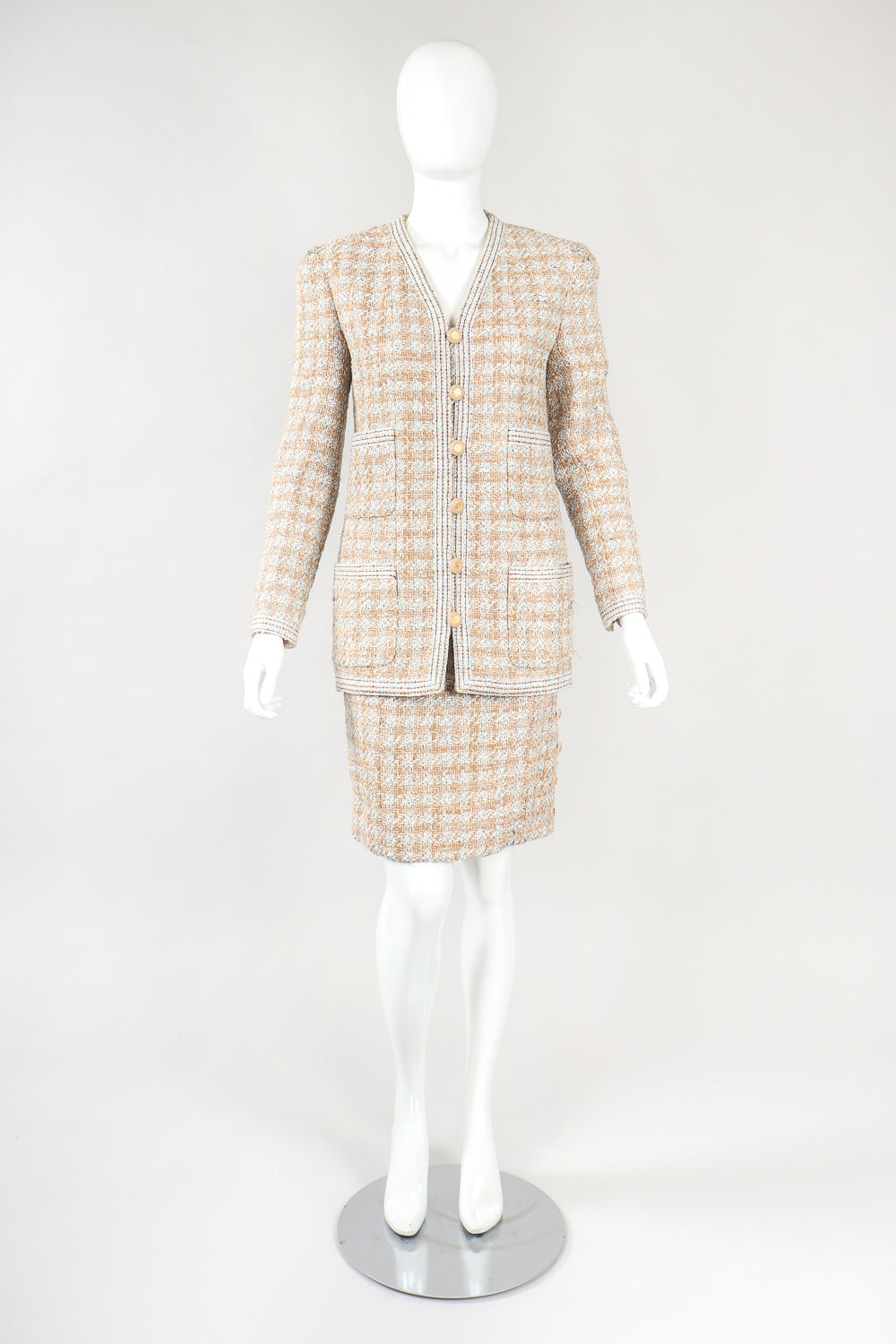 Recess Designer Consignment Vintage Chanel Raffia Tweed Jacket & Skirt Suit Set Los Angeles Resale