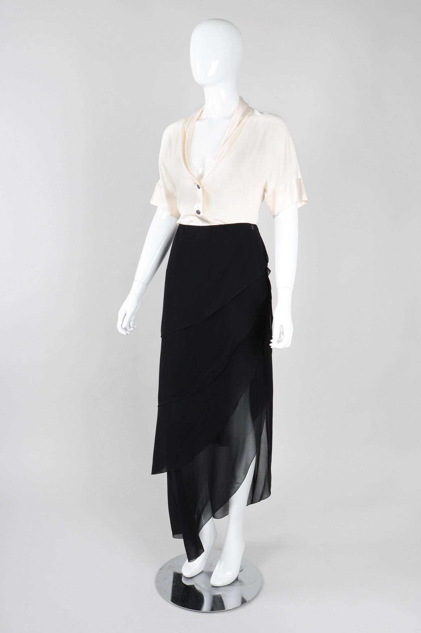 Recess Los Angeles Vintage Chanel Cream Shawl Collar Silk Blouse