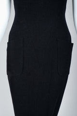 Vintage Chanel Breakfast At Tiffany's Style Black Fishtail Gown on Mannequin, Front Skirt