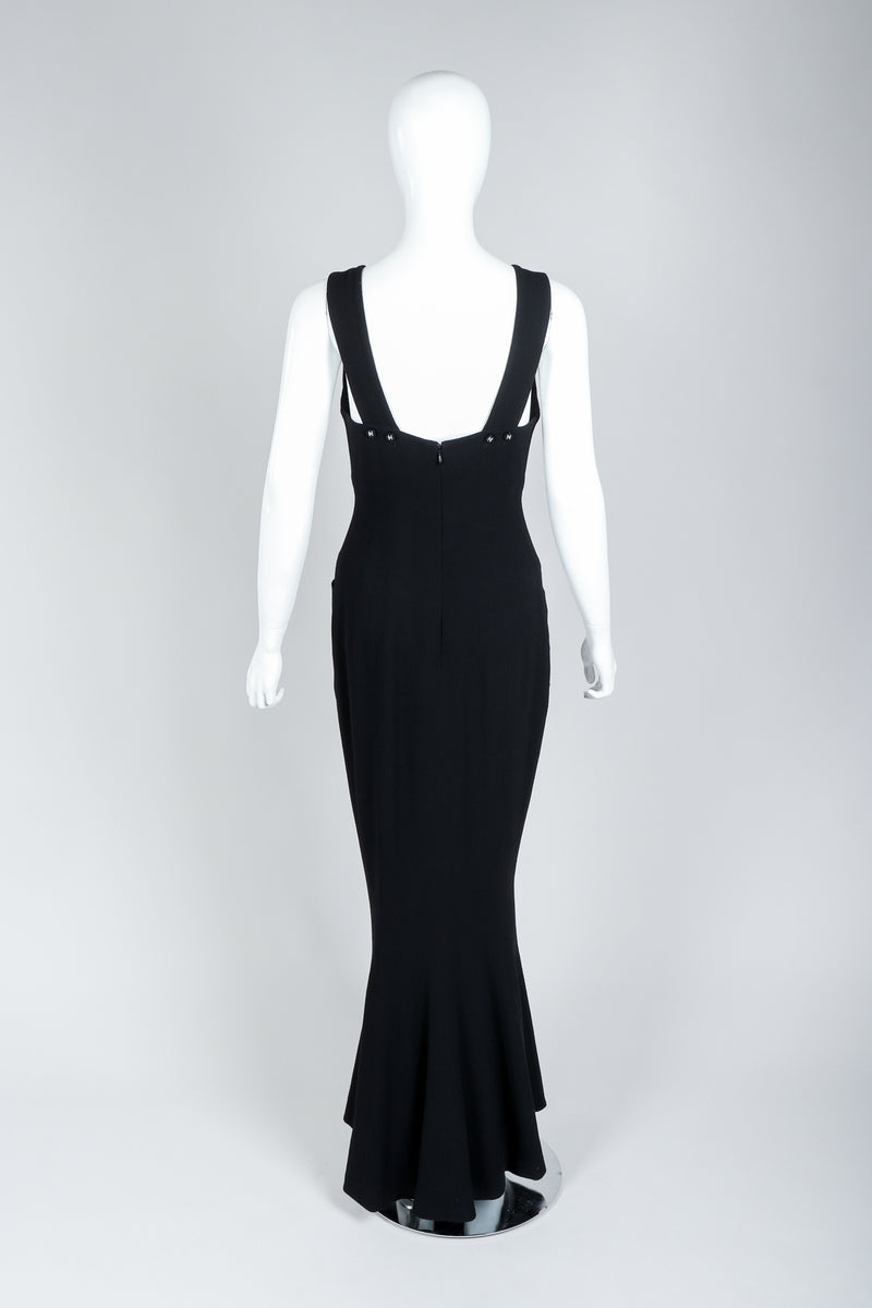 Vintage Chanel Breakfast At Tiffany's Style Black Fishtail Gown on Mannequin, Back