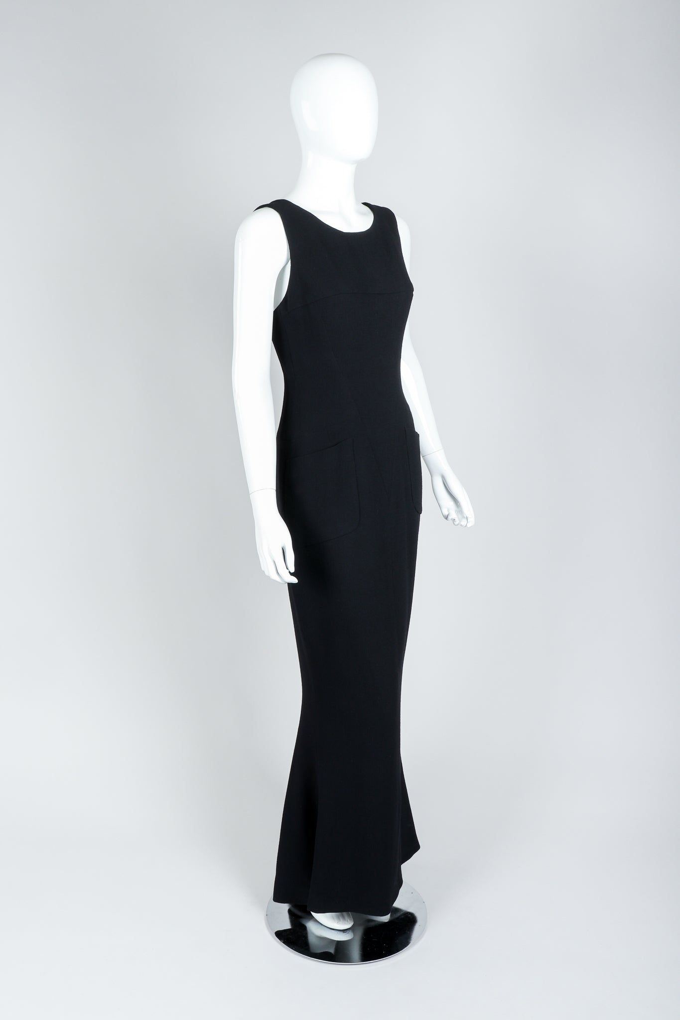Vintage Chanel Breakfast At Tiffany's Style Black Fishtail Gown on Mannequin, Side